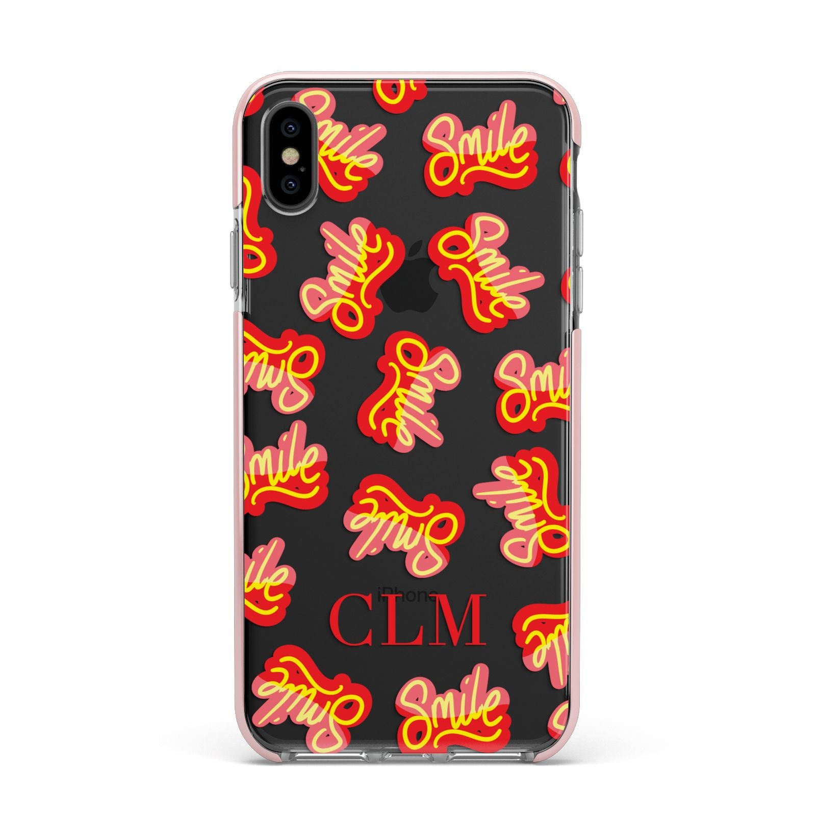 Personalised Smile Initials Clear Apple iPhone Xs Max Impact Case Pink Edge on Black Phone