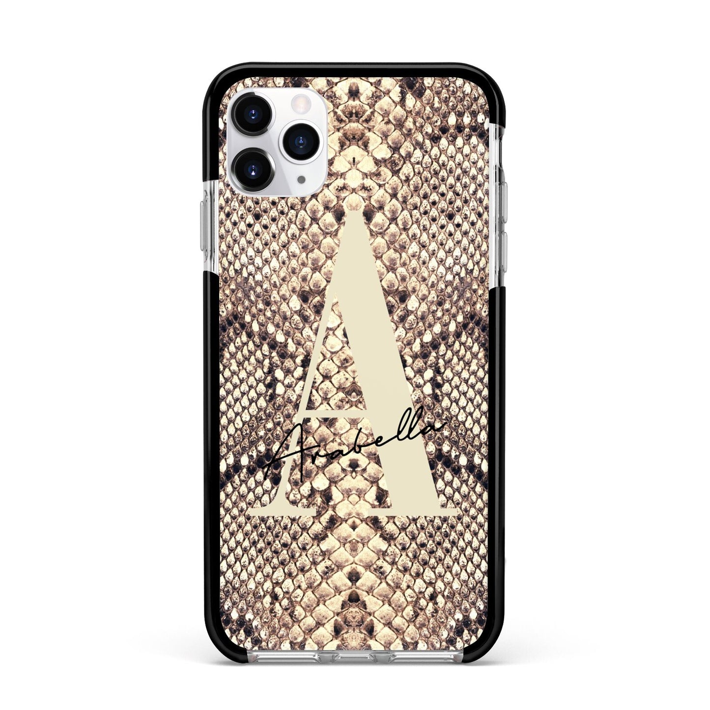 Personalised Snake Skin Effect Apple iPhone 11 Pro Max in Silver with Black Impact Case