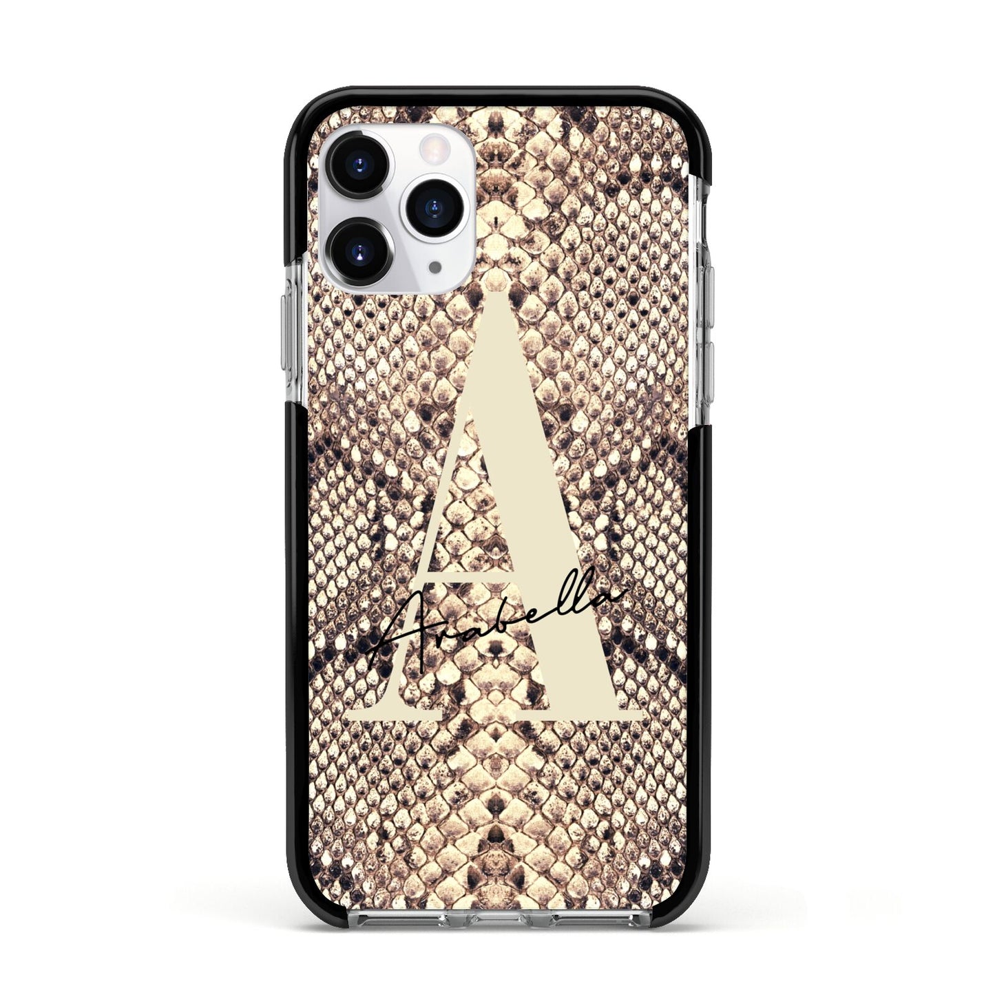 Personalised Snake Skin Effect Apple iPhone 11 Pro in Silver with Black Impact Case