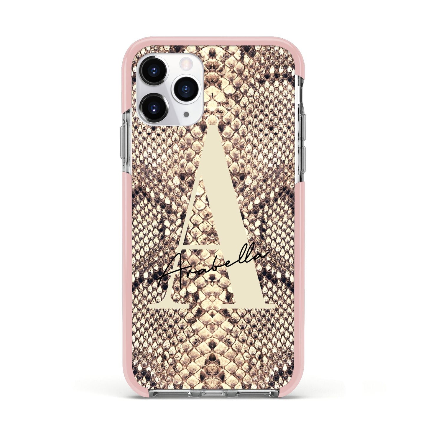 Personalised Snake Skin Effect Apple iPhone 11 Pro in Silver with Pink Impact Case