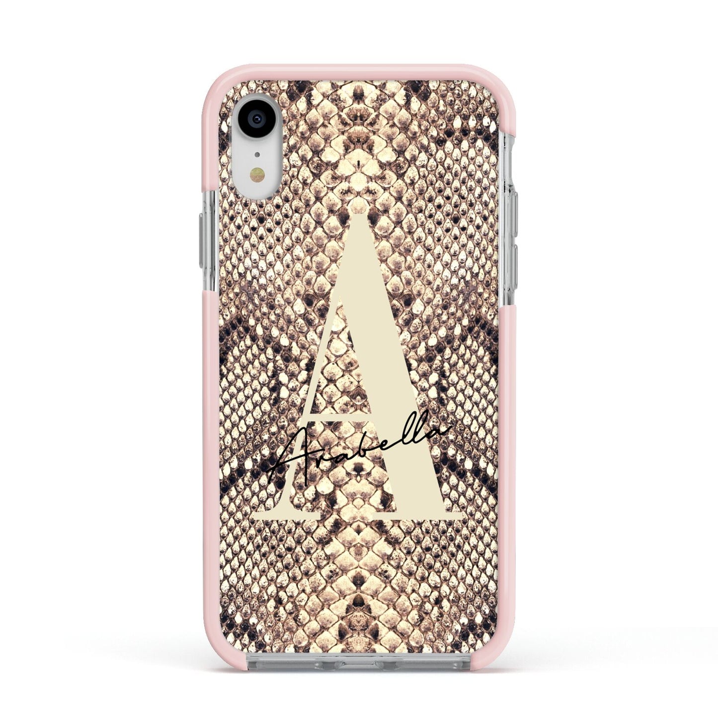 Personalised Snake Skin Effect Apple iPhone XR Impact Case Pink Edge on Silver Phone