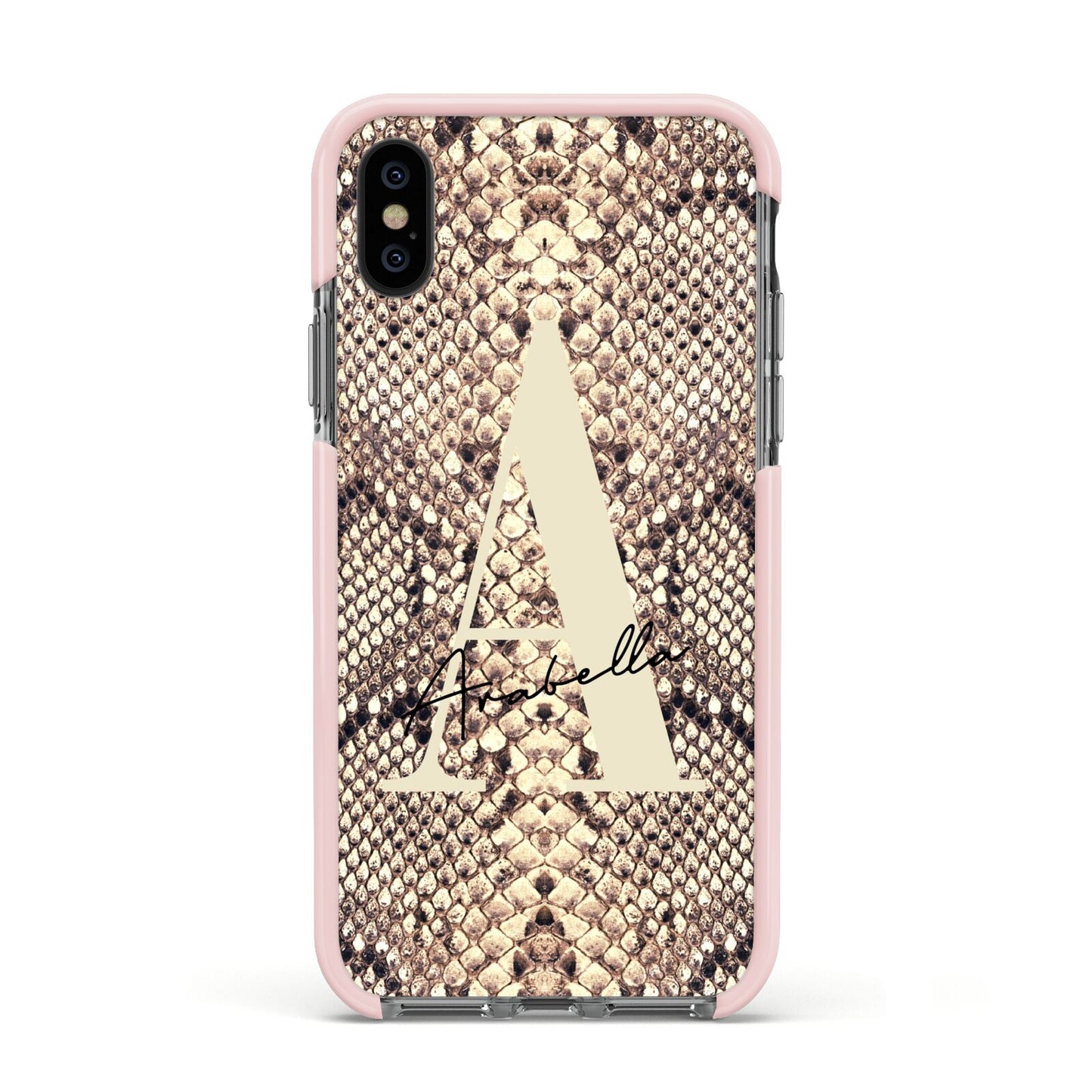 Personalised Snake Skin Effect Apple iPhone Xs Impact Case Pink Edge on Black Phone