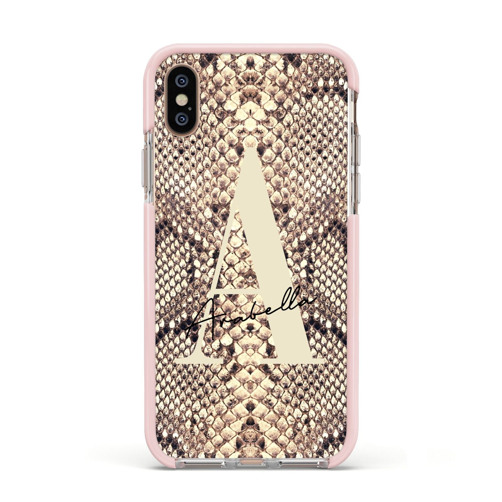 Personalised Snake Skin Effect Apple iPhone Xs Impact Case Pink Edge on Gold Phone