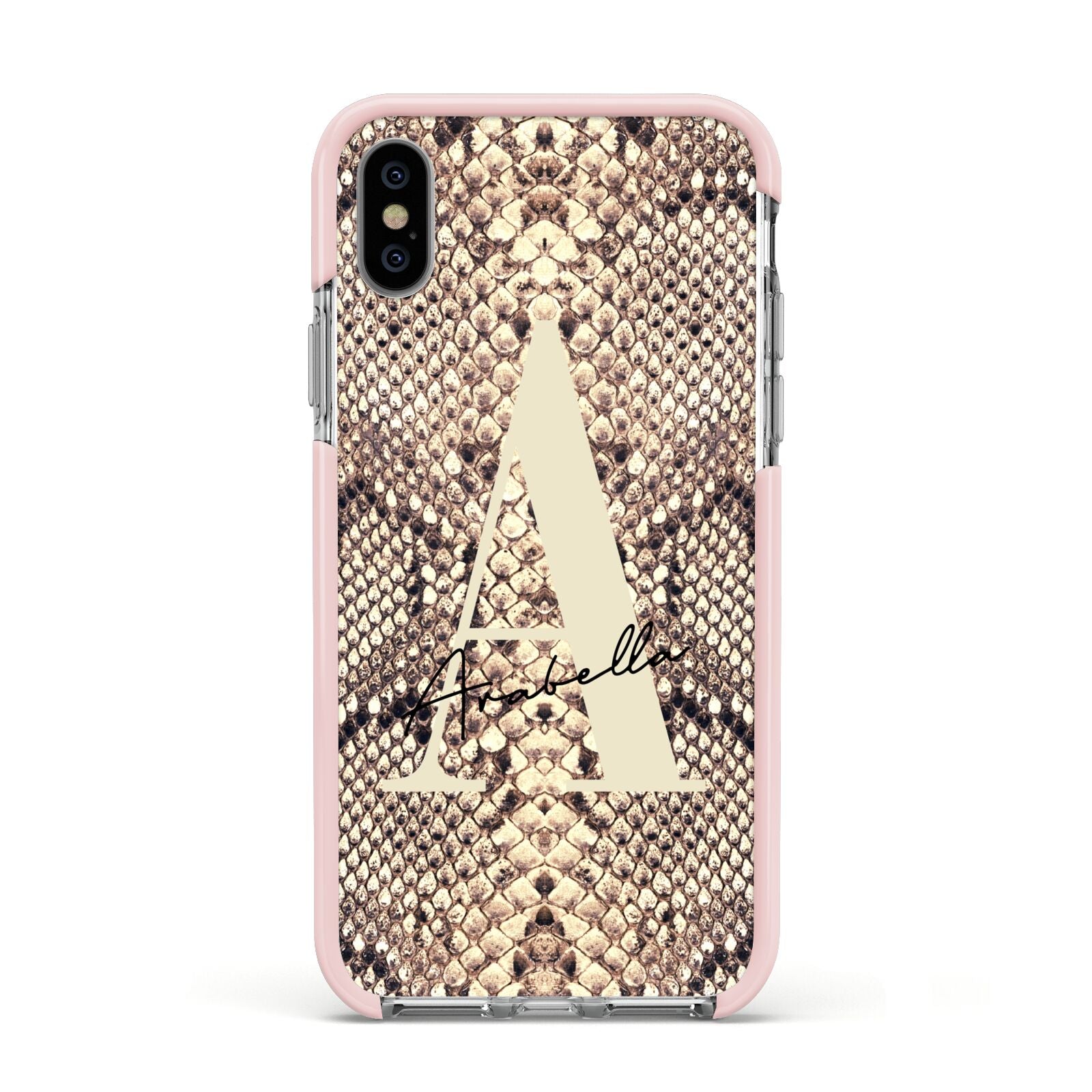 Personalised Snake Skin Effect Apple iPhone Xs Impact Case Pink Edge on Silver Phone