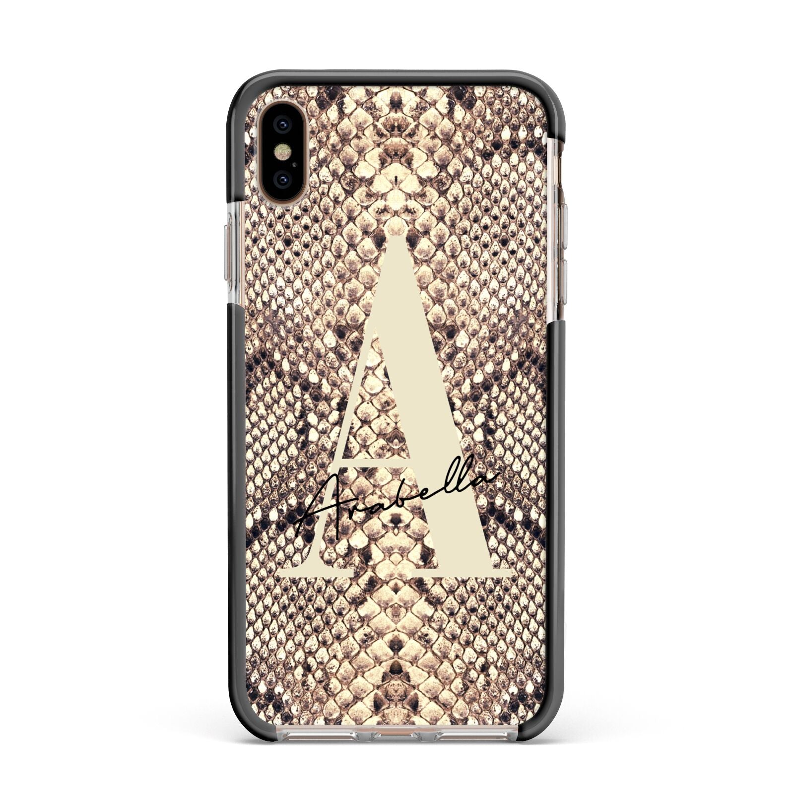 Personalised Snake Skin Effect Apple iPhone Xs Max Impact Case Black Edge on Gold Phone