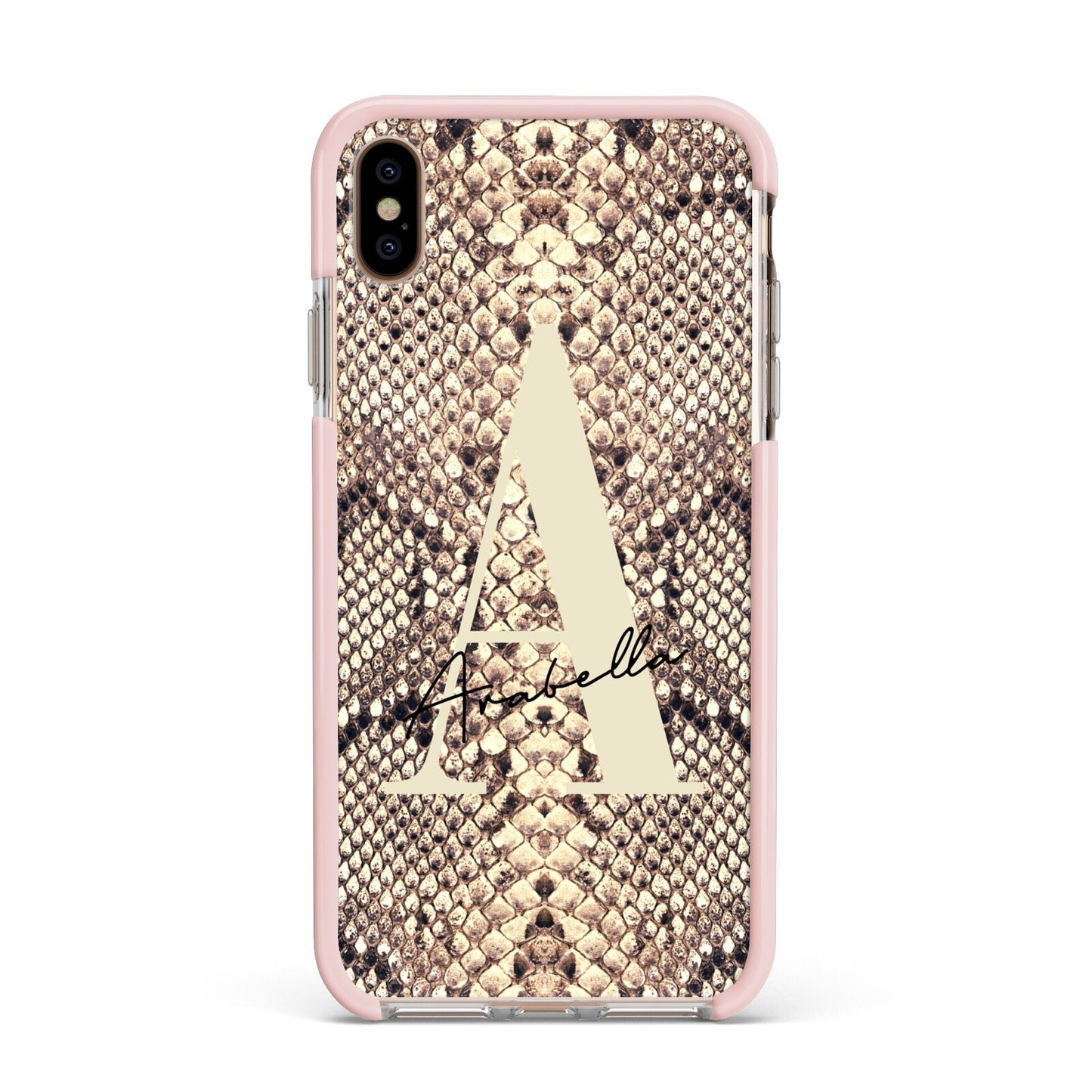 Personalised Snake Skin Effect Apple iPhone Xs Max Impact Case Pink Edge on Gold Phone