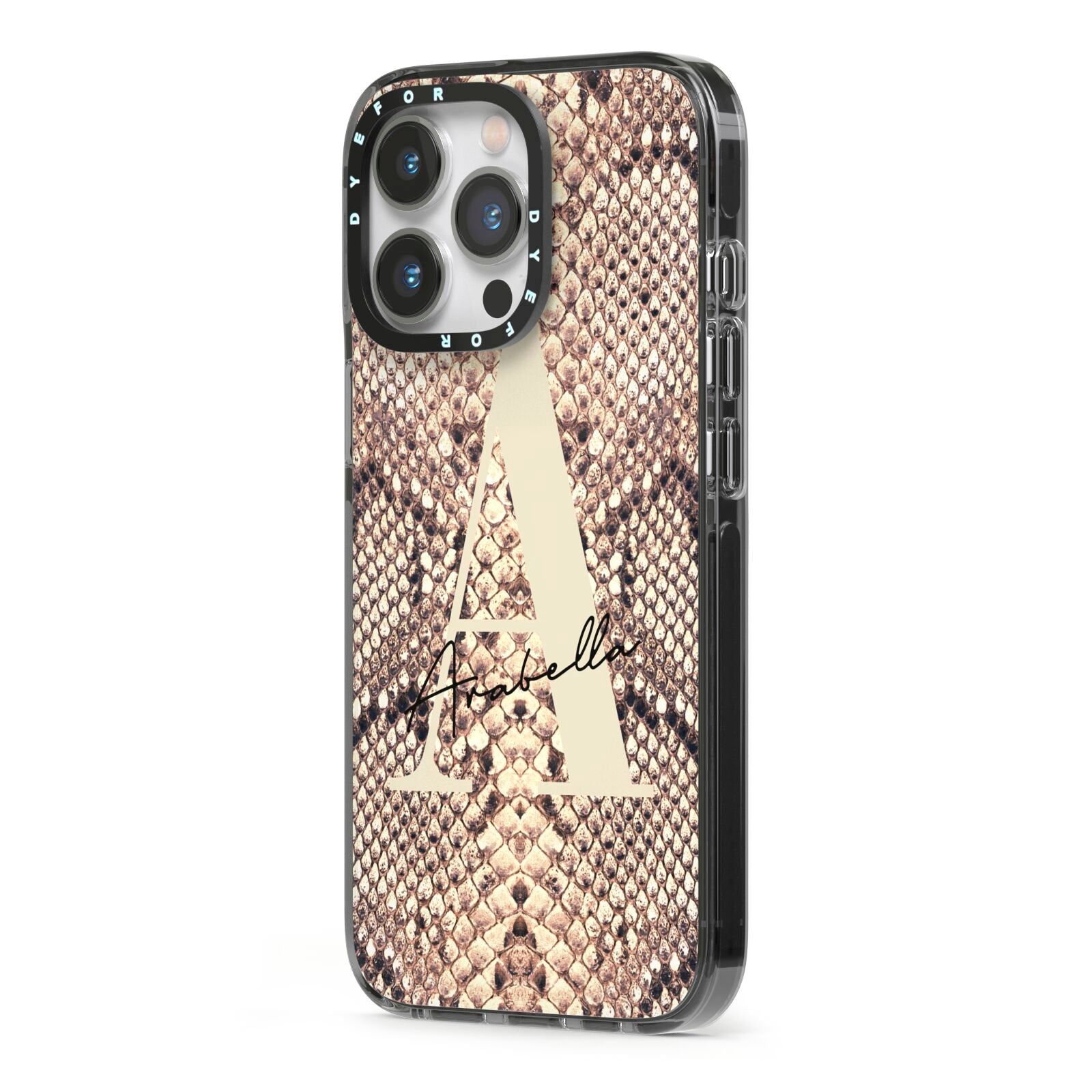 Personalised Snake Skin Effect iPhone 13 Pro Black Impact Case Side Angle on Silver phone