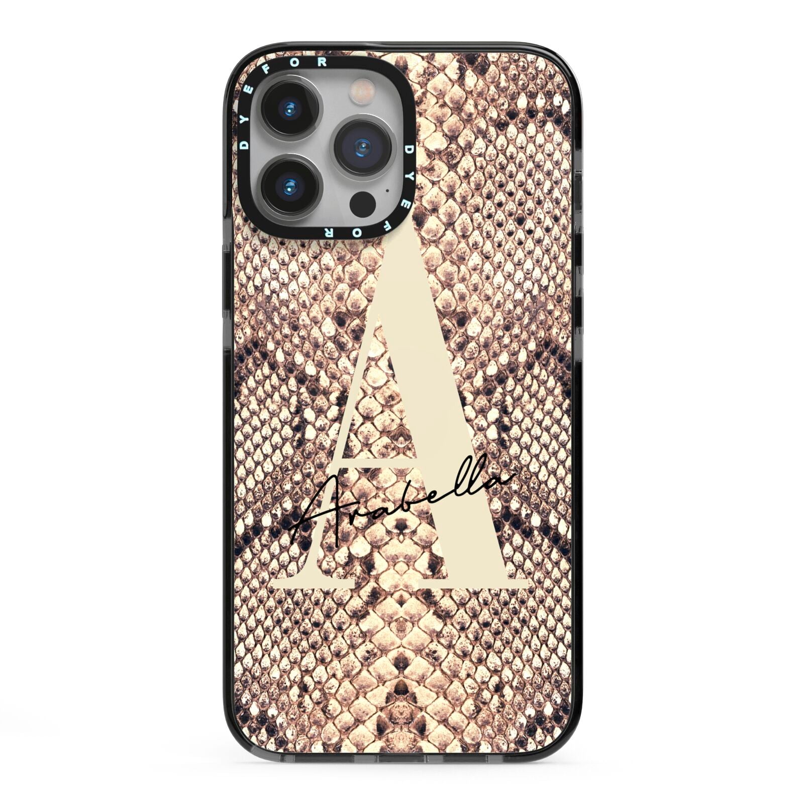Personalised Snake Skin Effect iPhone 13 Pro Max Black Impact Case on Silver phone
