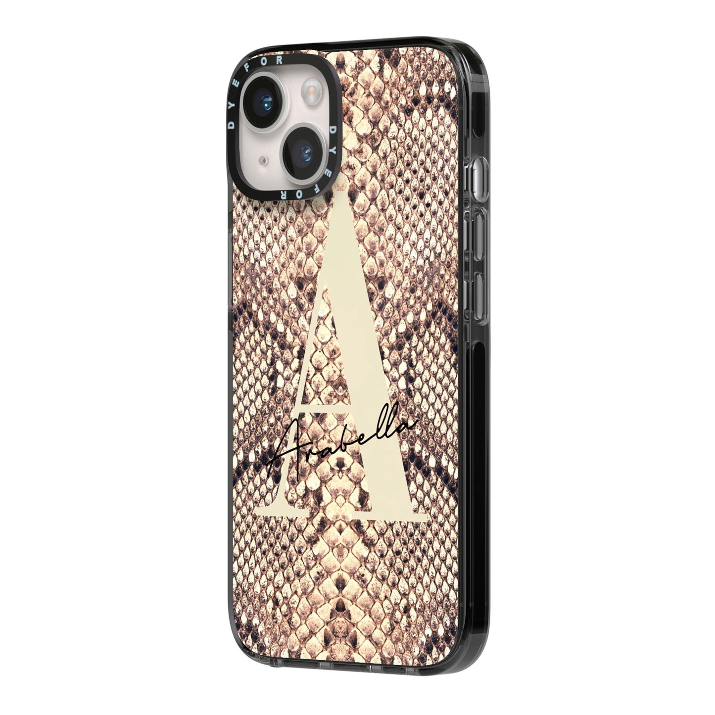 Personalised Snake Skin Effect iPhone 14 Black Impact Case Side Angle on Silver phone