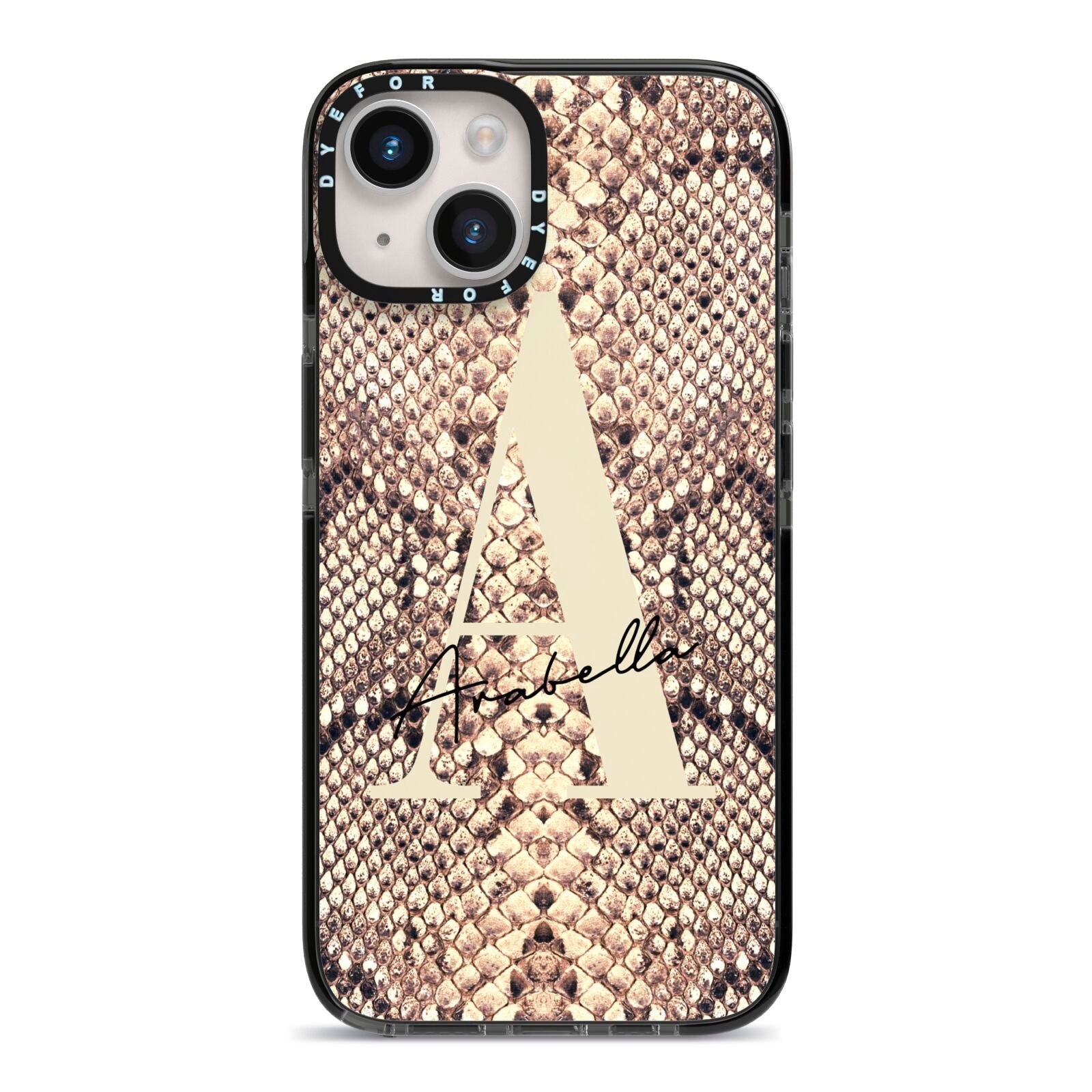 Personalised Snake Skin Effect iPhone 14 Black Impact Case on Silver phone