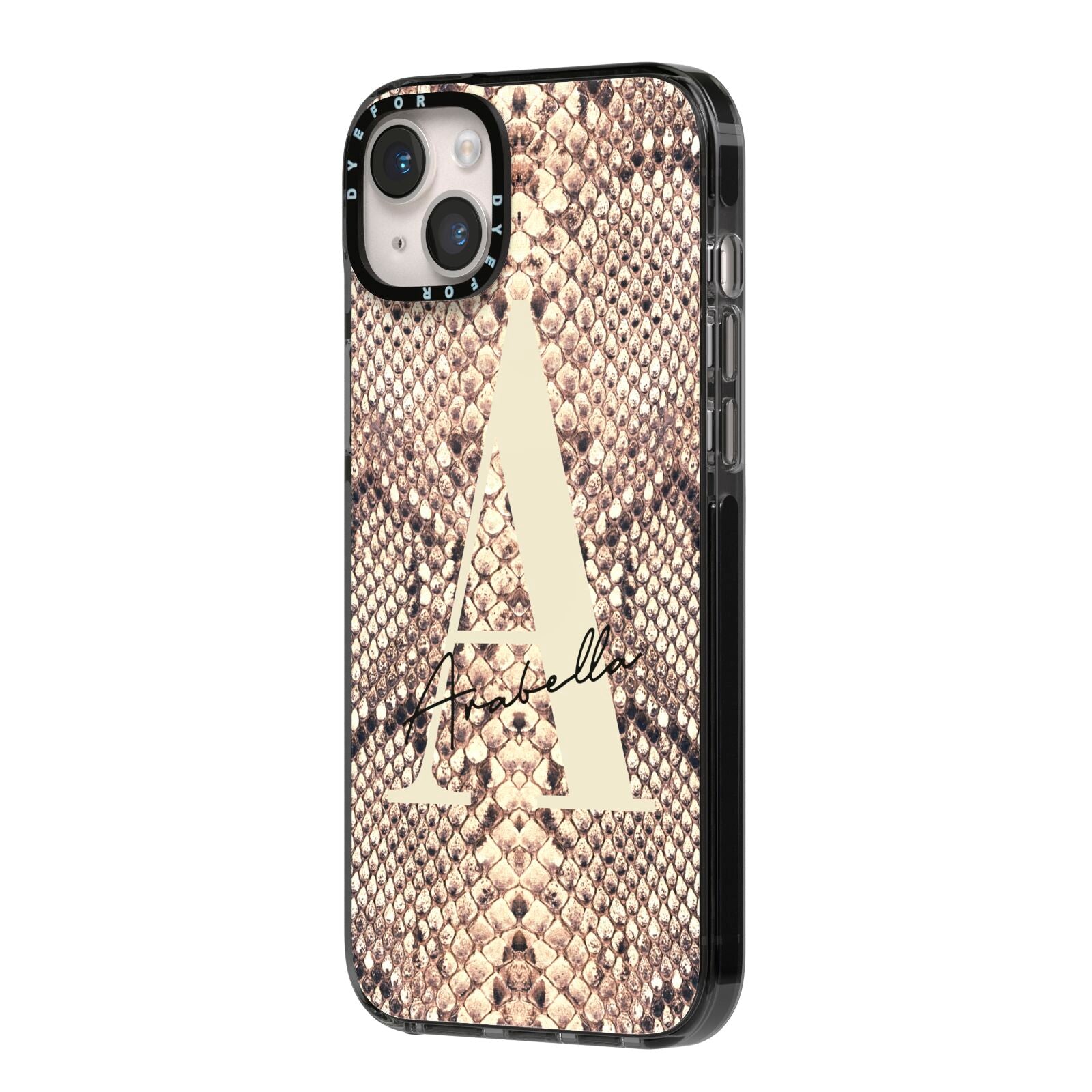 Personalised Snake Skin Effect iPhone 14 Plus Black Impact Case Side Angle on Silver phone