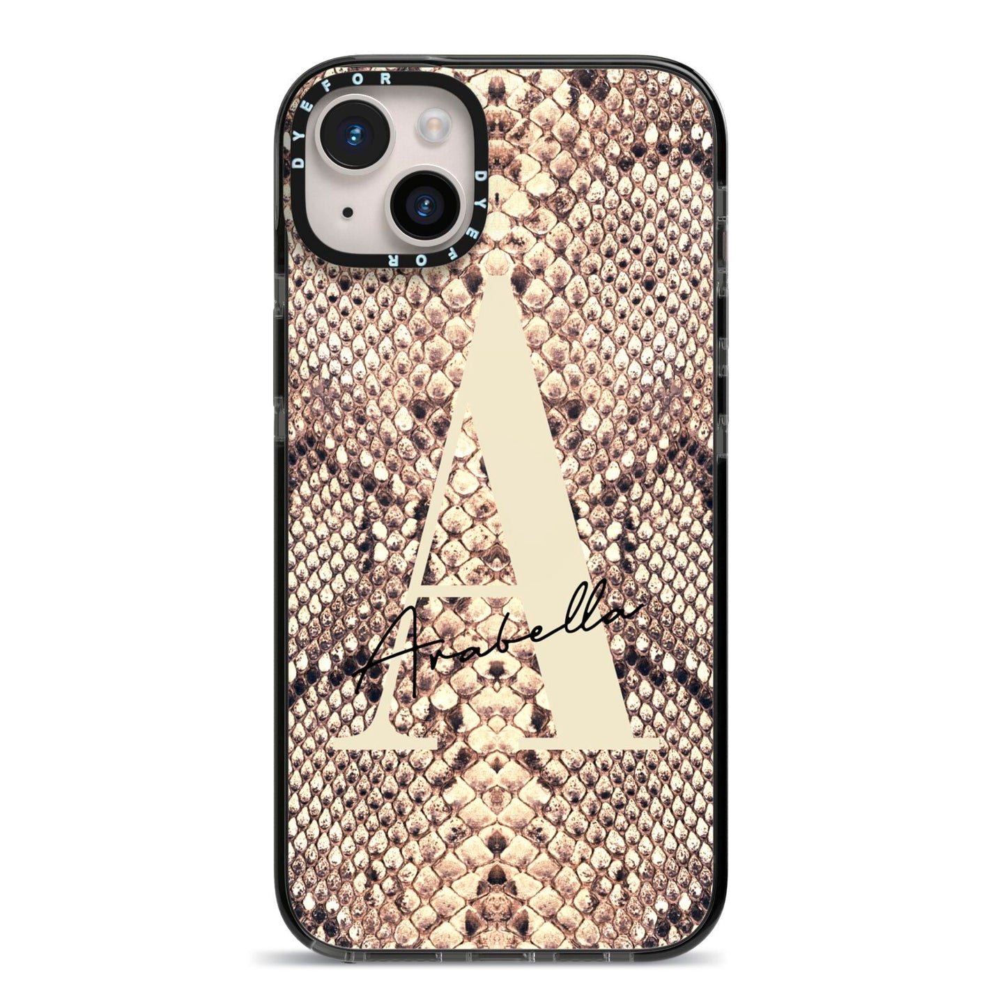 Personalised Snake Skin Effect iPhone 14 Plus Black Impact Case on Silver phone