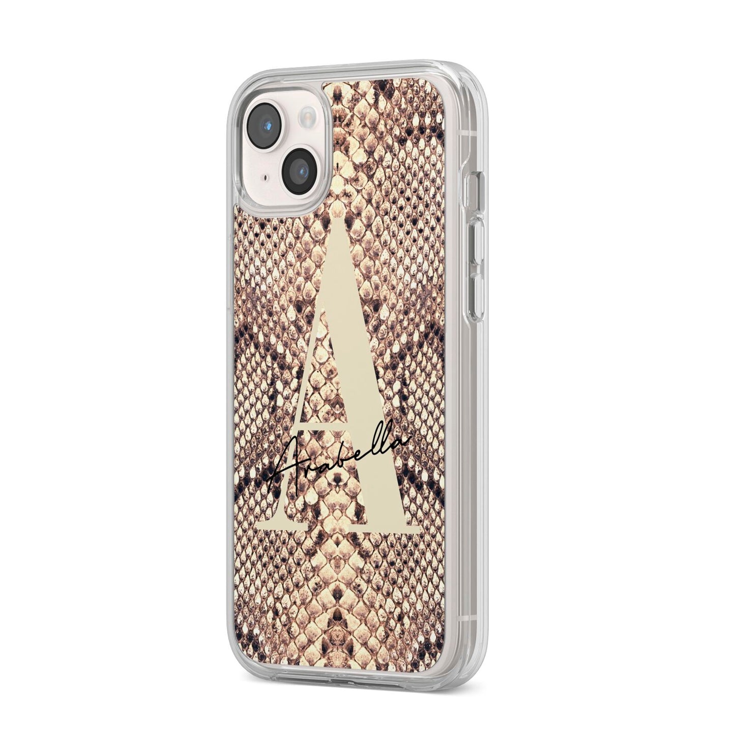 Personalised Snake Skin Effect iPhone 14 Plus Clear Tough Case Starlight Angled Image