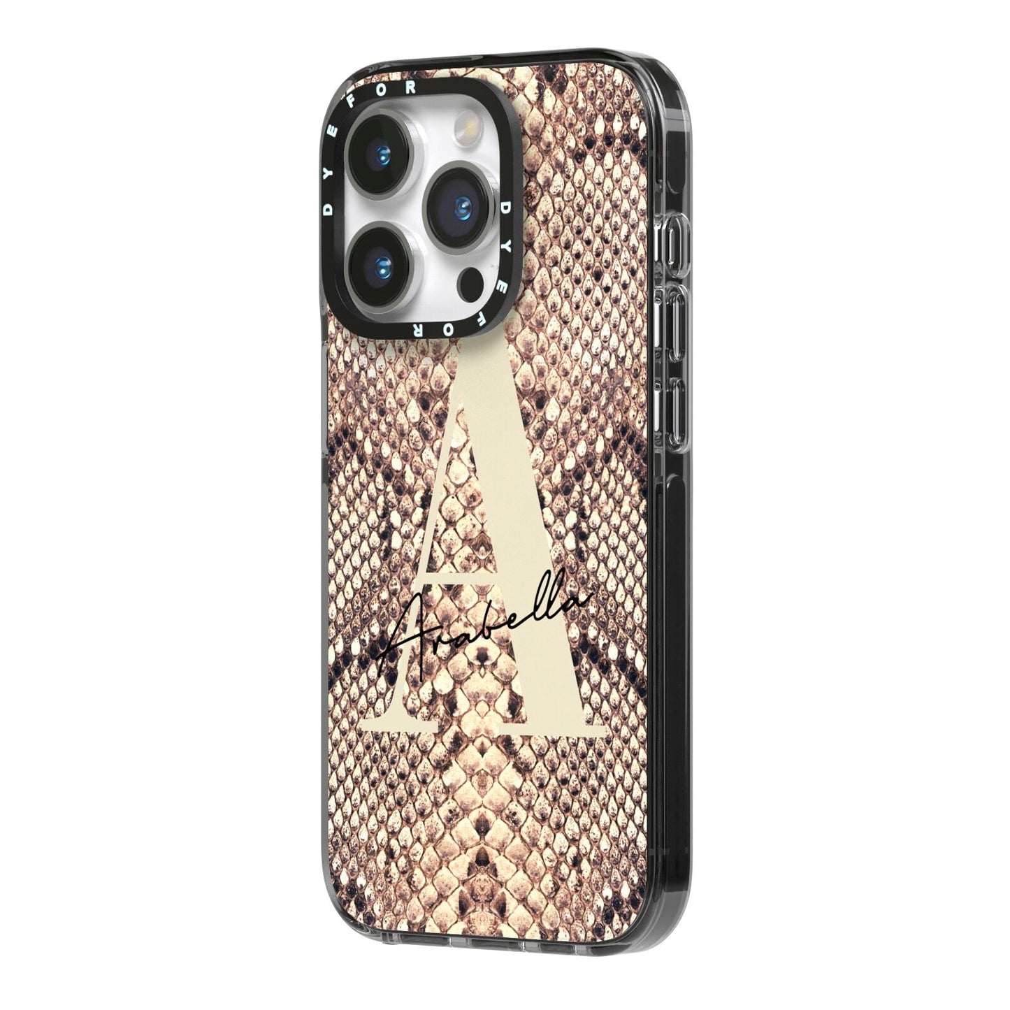 Personalised Snake Skin Effect iPhone 14 Pro Black Impact Case Side Angle on Silver phone
