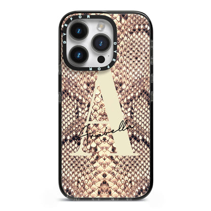 Personalised Snake Skin Effect iPhone 14 Pro Black Impact Case on Silver phone