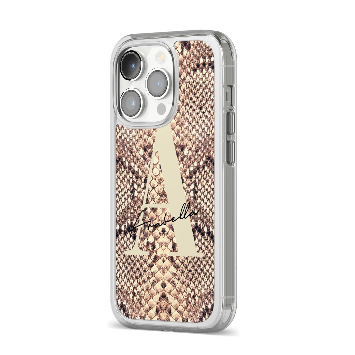 Personalised Snake Skin Effect iPhone 14 Pro Clear Tough Case Silver Angled Image