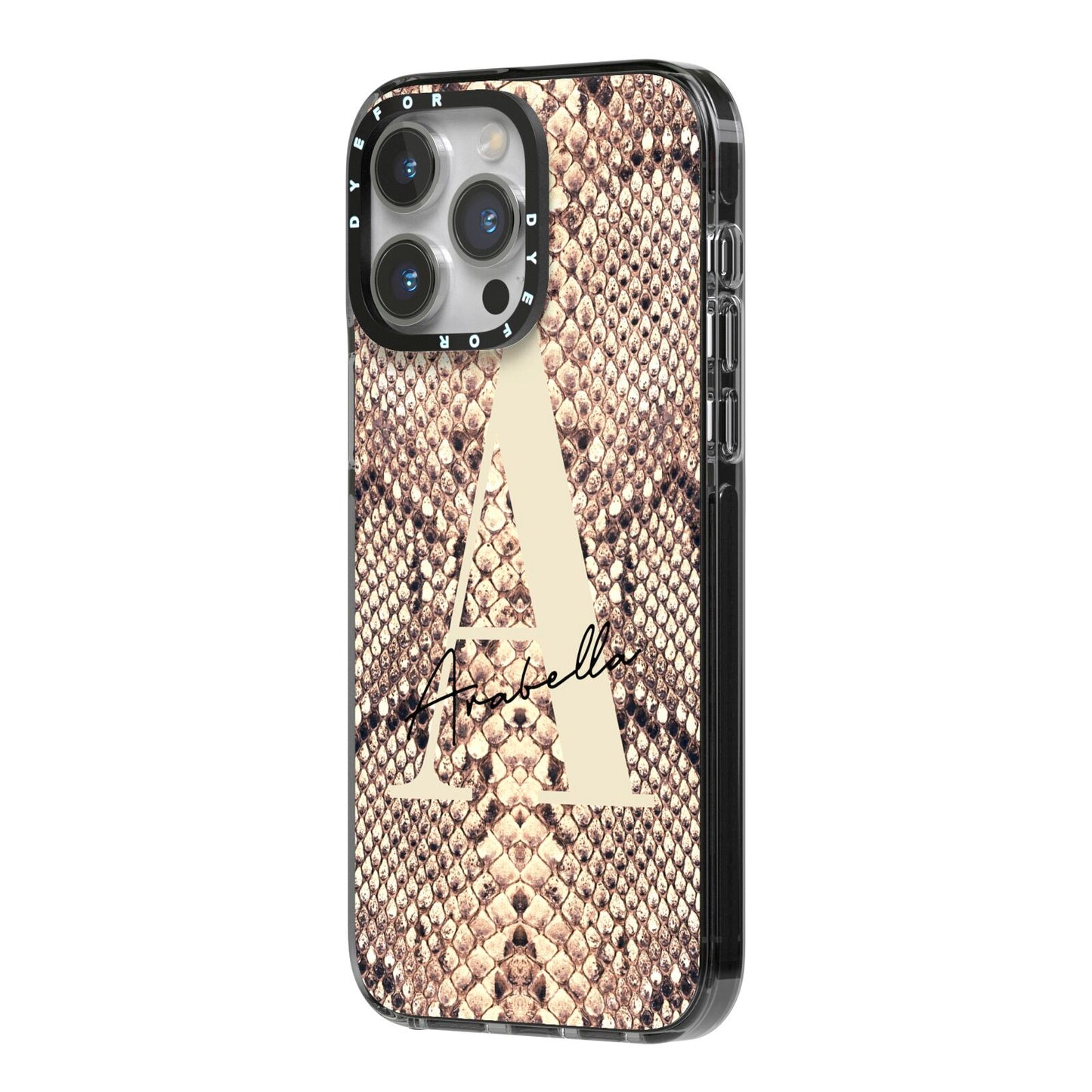 Personalised Snake Skin Effect iPhone 14 Pro Max Black Impact Case Side Angle on Silver phone