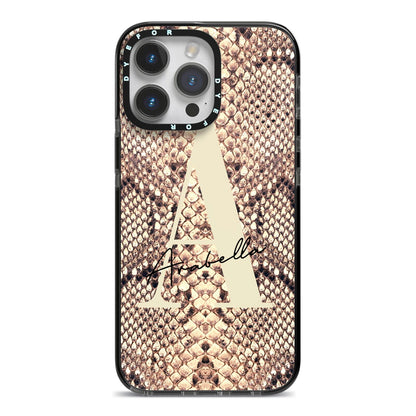 Personalised Snake Skin Effect iPhone 14 Pro Max Black Impact Case on Silver phone