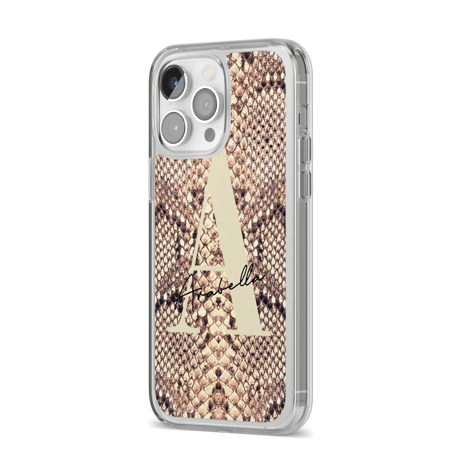 Personalised Snake Skin Effect iPhone 14 Pro Max Clear Tough Case Silver Angled Image
