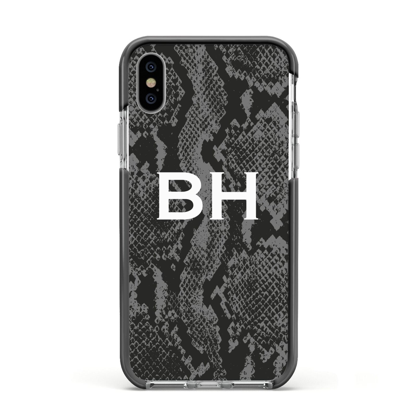 Personalised Snakeskin Apple iPhone Xs Impact Case Black Edge on Silver Phone
