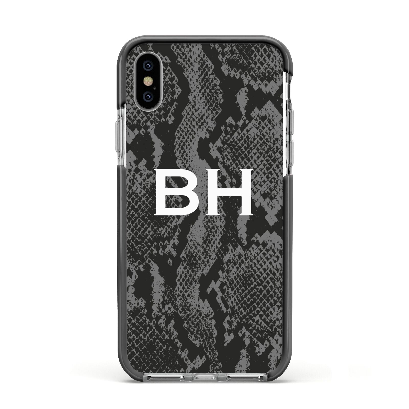 Personalised Snakeskin Apple iPhone Xs Impact Case Black Edge on Silver Phone