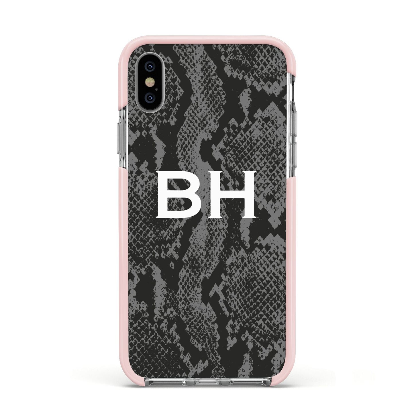 Personalised Snakeskin Apple iPhone Xs Impact Case Pink Edge on Silver Phone