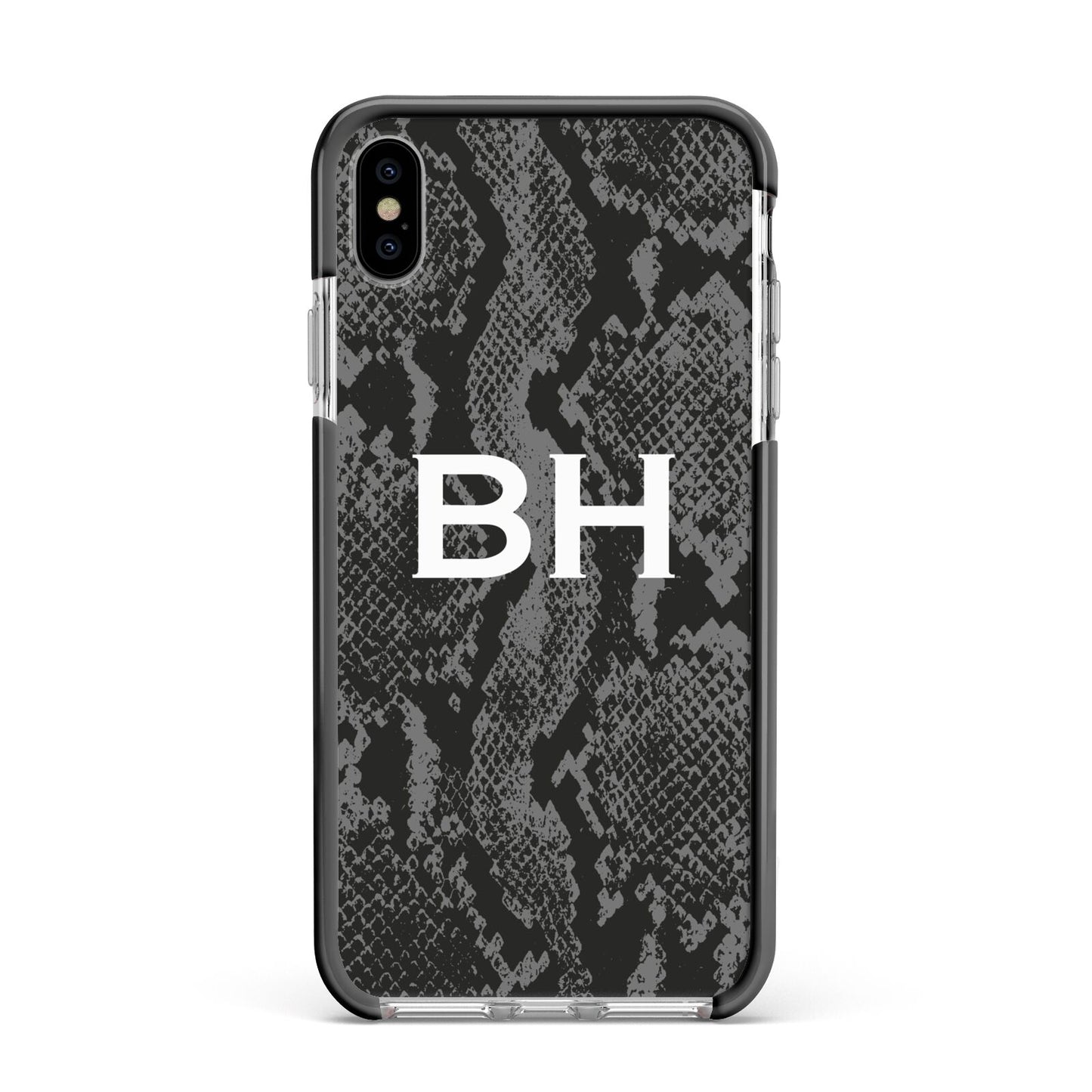 Personalised Snakeskin Apple iPhone Xs Max Impact Case Black Edge on Silver Phone