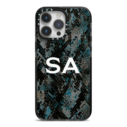 Personalised Snakeskin Effect iPhone 14 Pro Max Black Impact Case on Silver phone