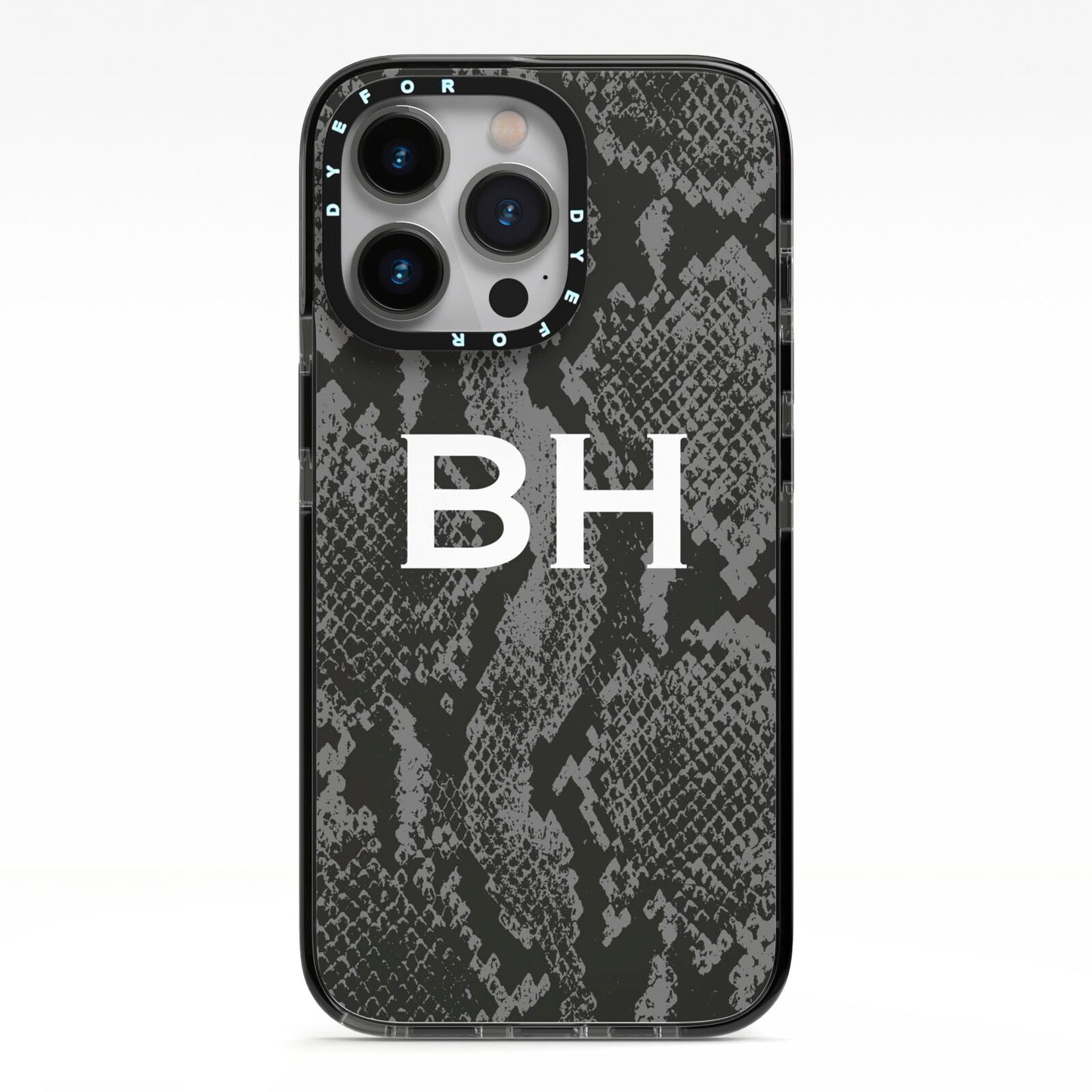 Personalised Snakeskin iPhone 13 Pro Black Impact Case on Silver phone