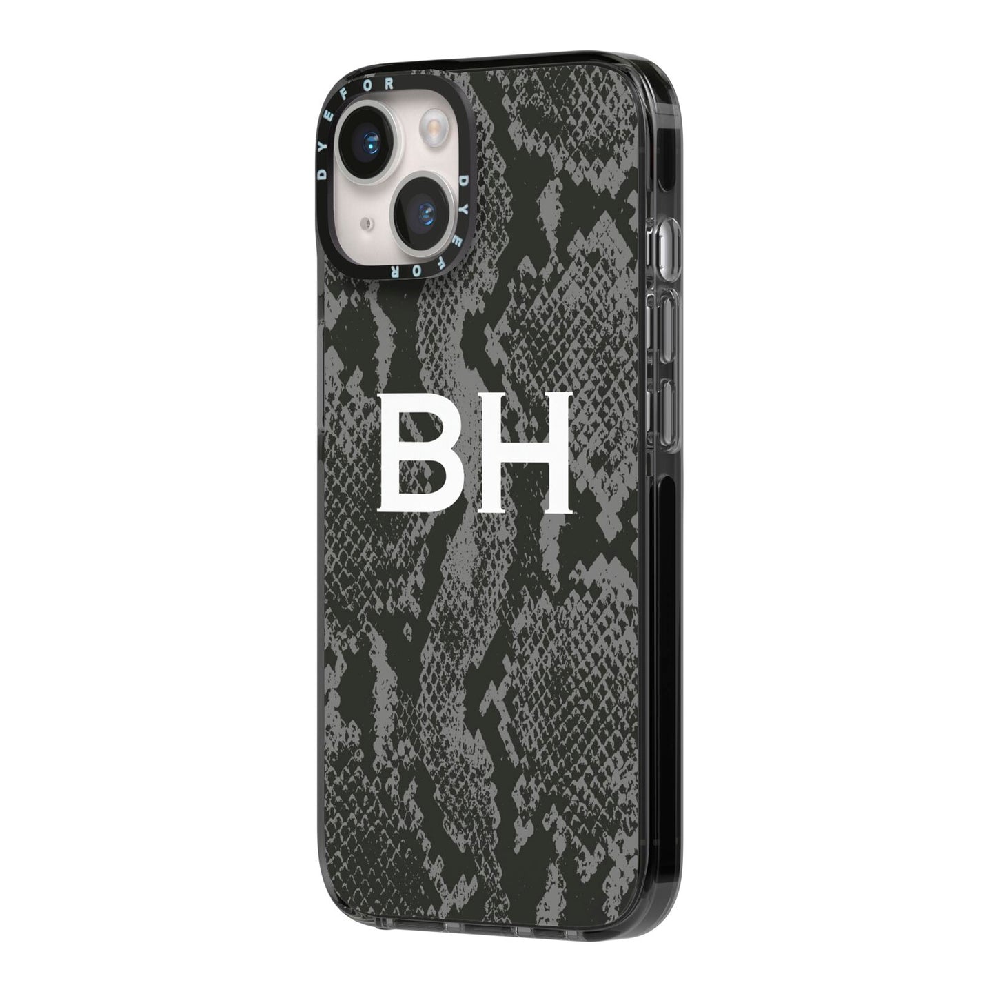 Personalised Snakeskin iPhone 14 Black Impact Case Side Angle on Silver phone