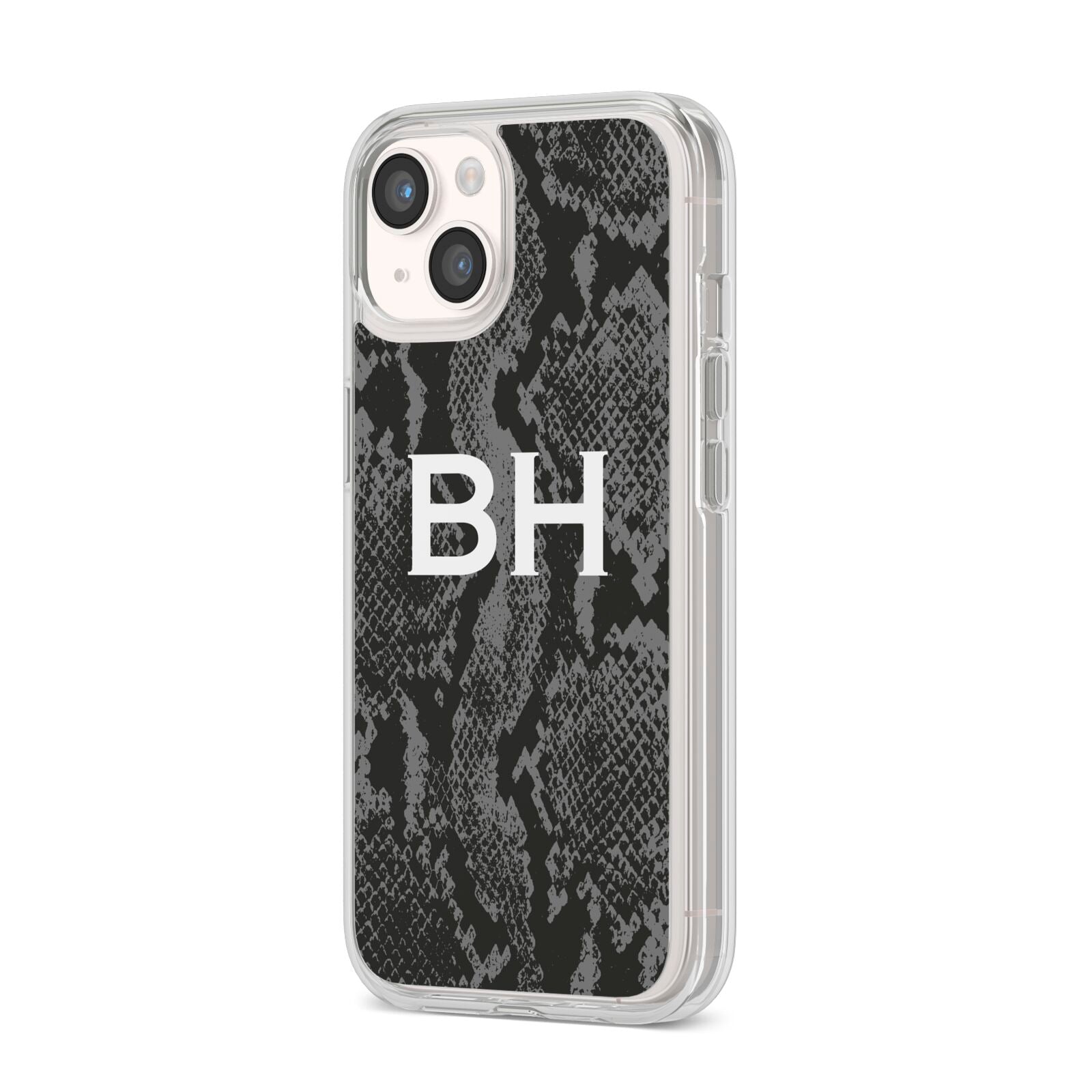 Personalised Snakeskin iPhone 14 Clear Tough Case Starlight Angled Image