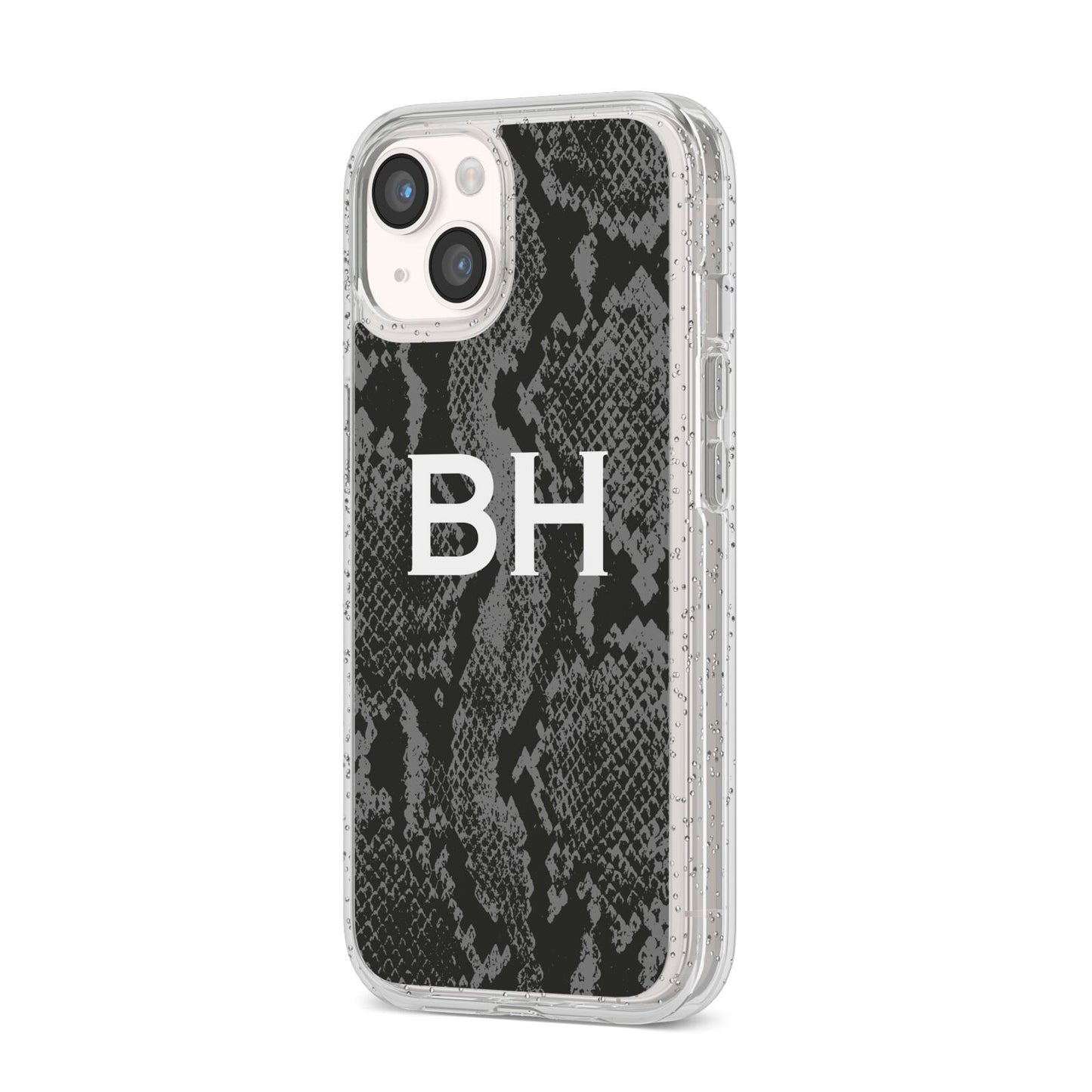 Personalised Snakeskin iPhone 14 Glitter Tough Case Starlight Angled Image