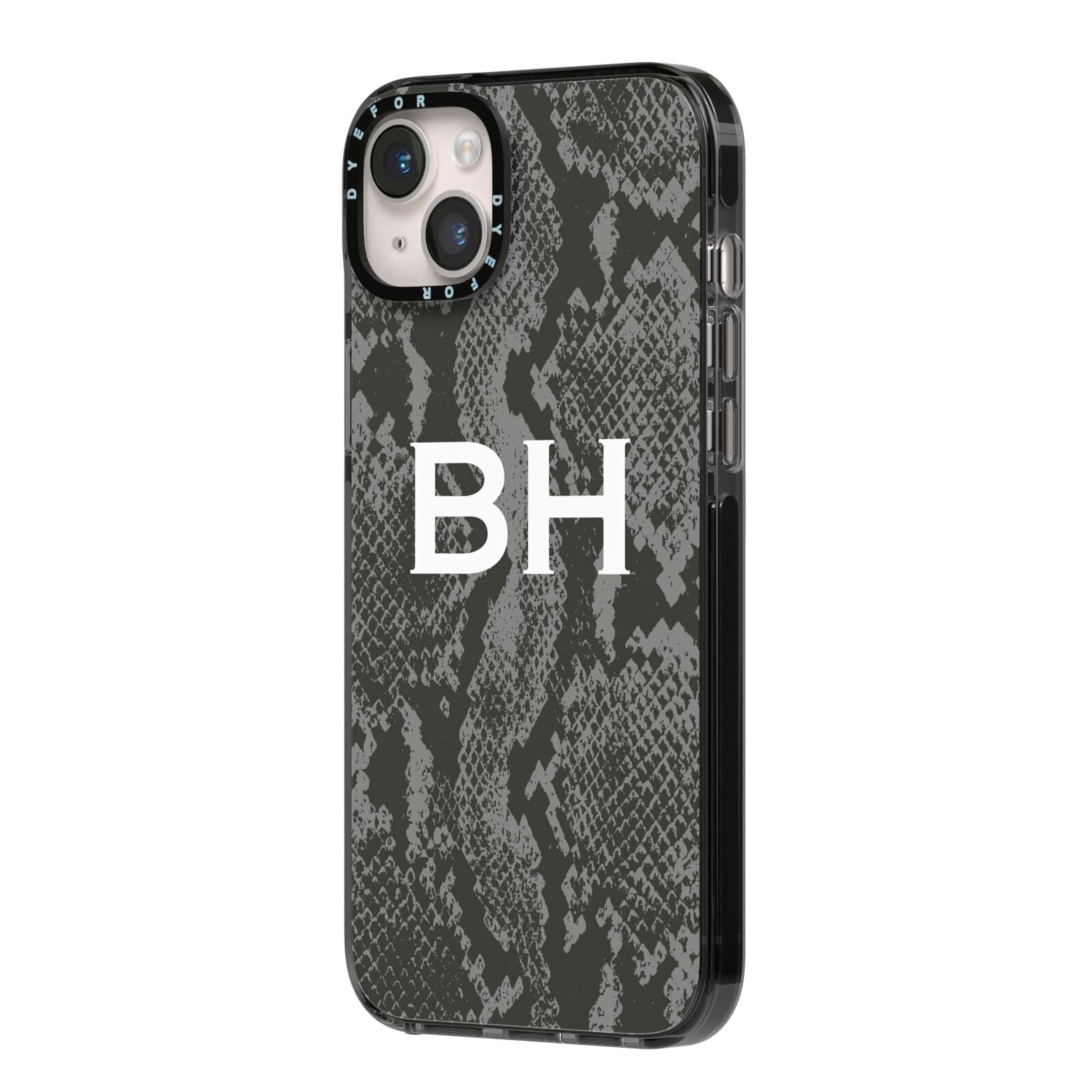 Personalised Snakeskin iPhone 14 Plus Black Impact Case Side Angle on Silver phone