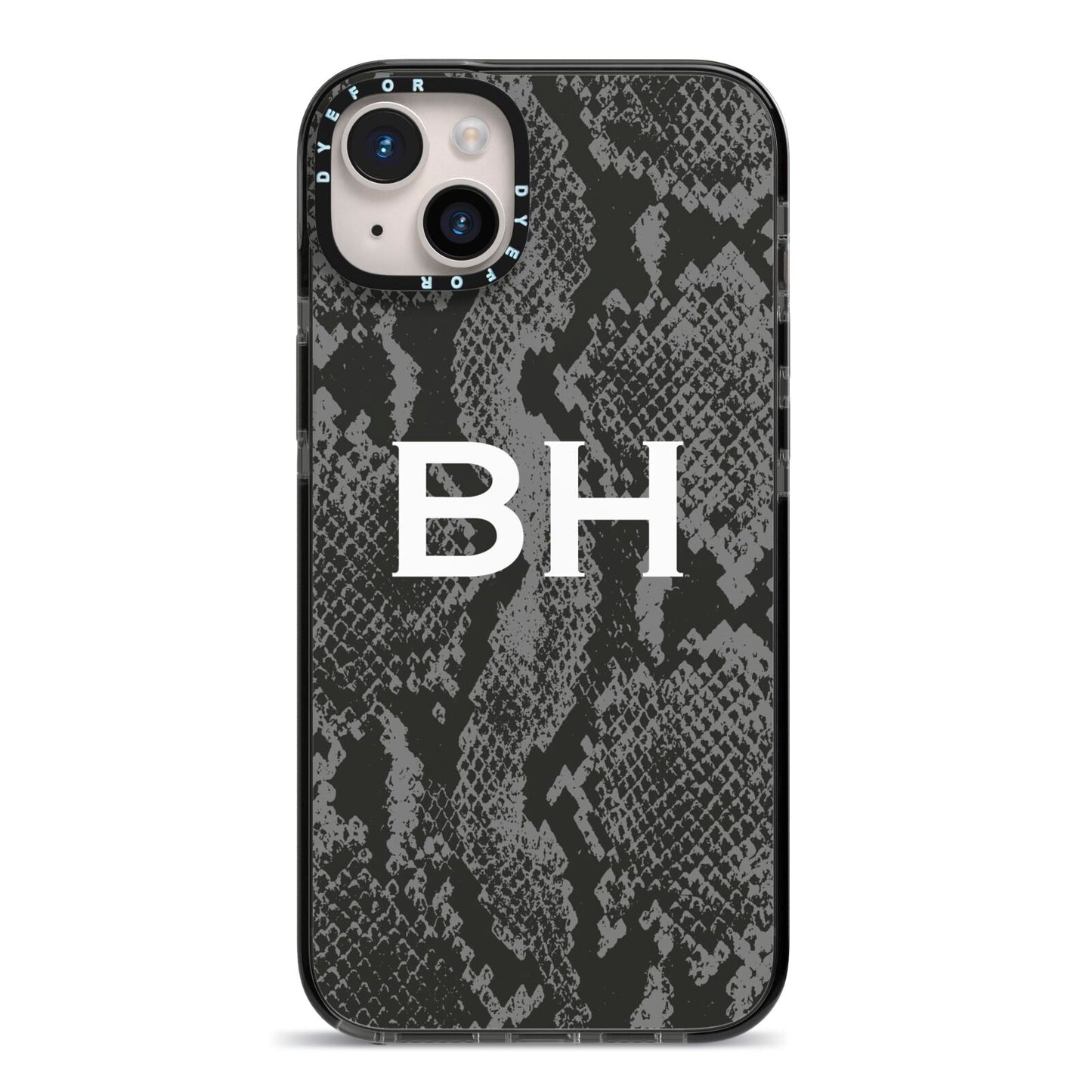 Personalised Snakeskin iPhone 14 Plus Black Impact Case on Silver phone