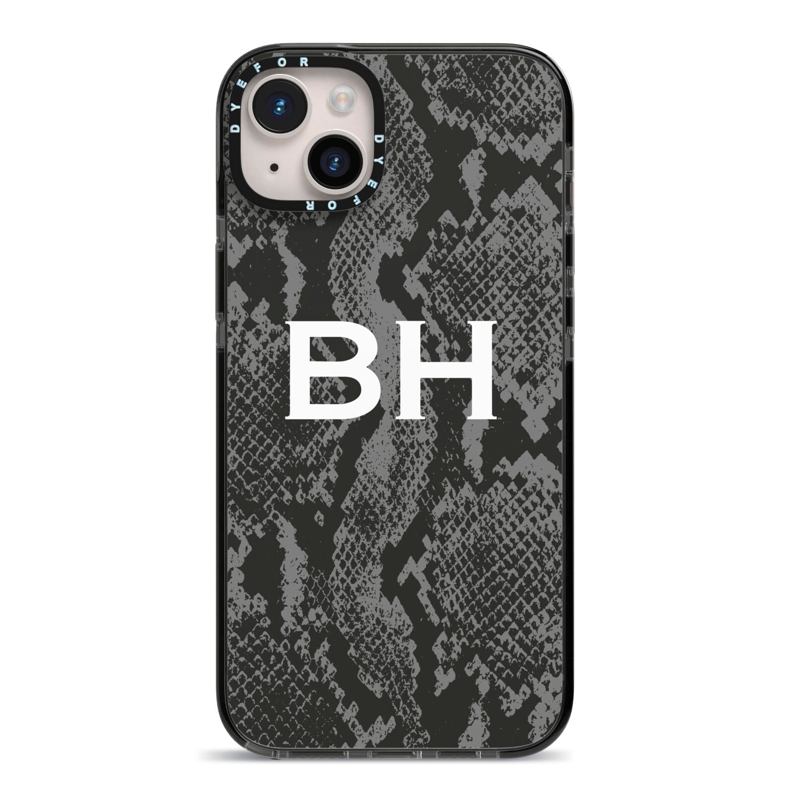 Personalised Snakeskin iPhone 14 Plus Black Impact Case on Silver phone
