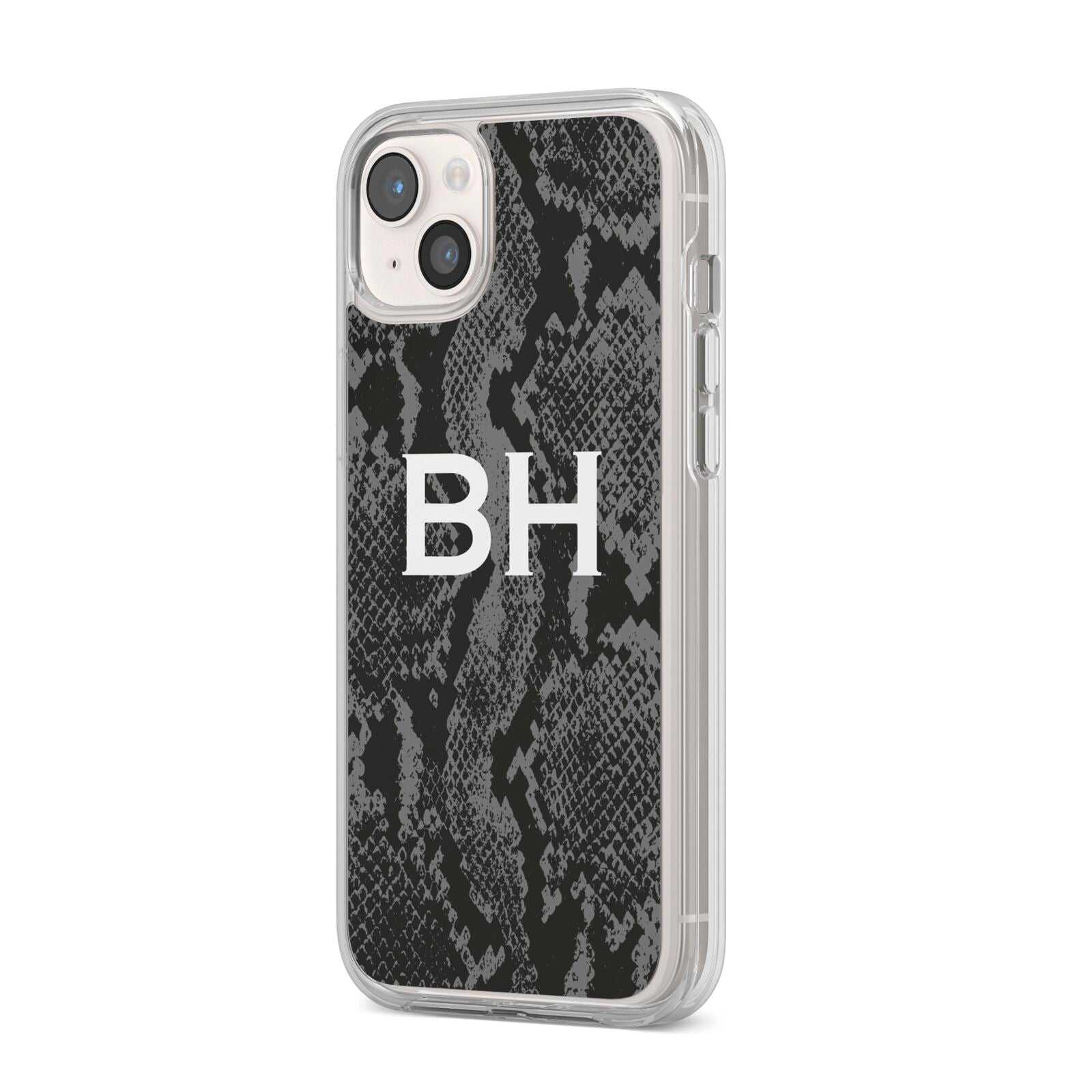 Personalised Snakeskin iPhone 14 Plus Clear Tough Case Starlight Angled Image