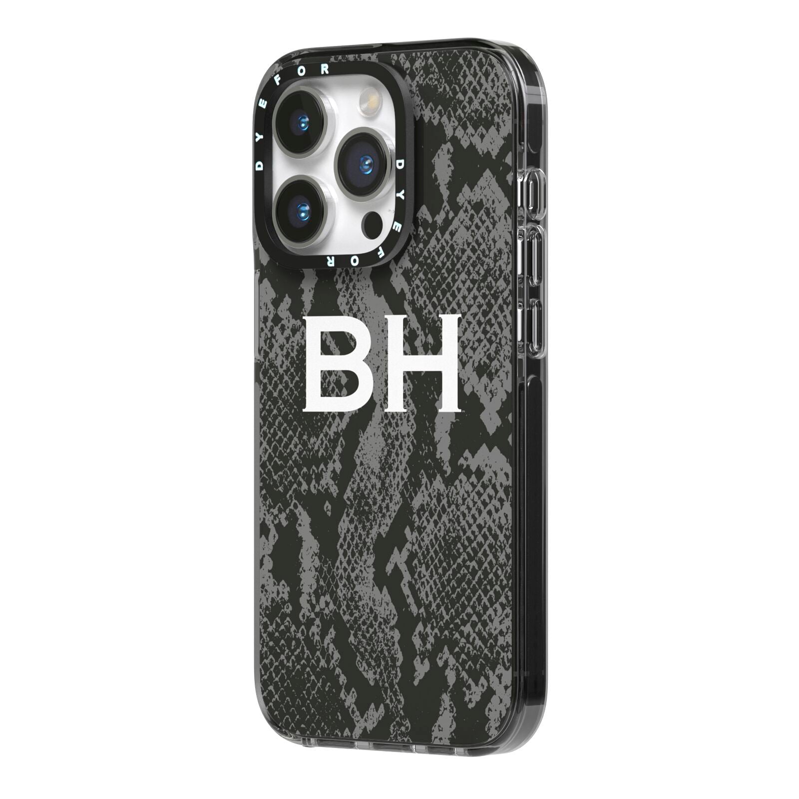 Personalised Snakeskin iPhone 14 Pro Black Impact Case Side Angle on Silver phone