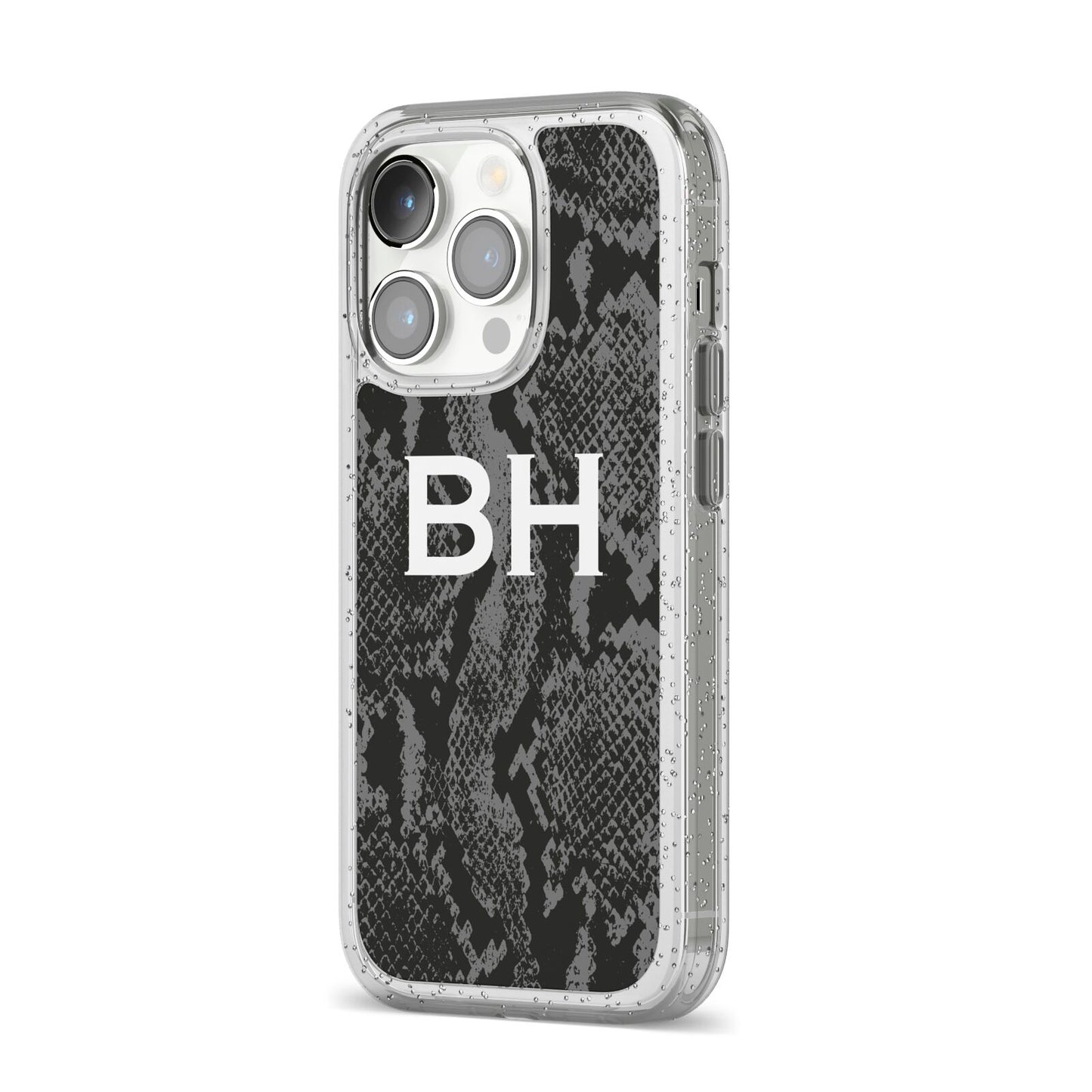 Personalised Snakeskin iPhone 14 Pro Glitter Tough Case Silver Angled Image
