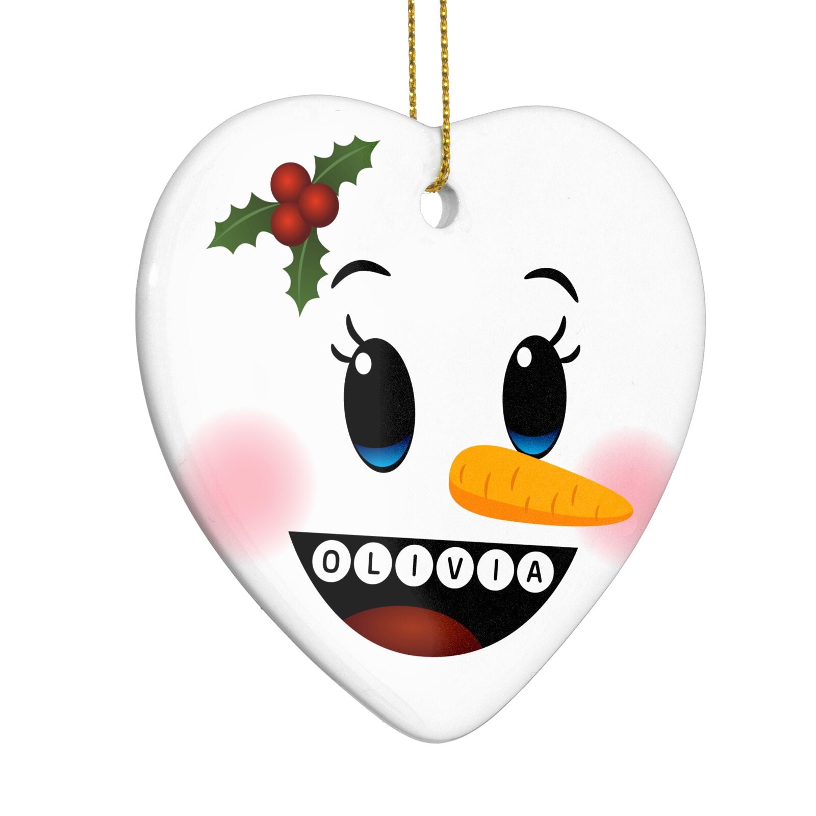 Personalised Snowman Face Heart Decoration Side Angle