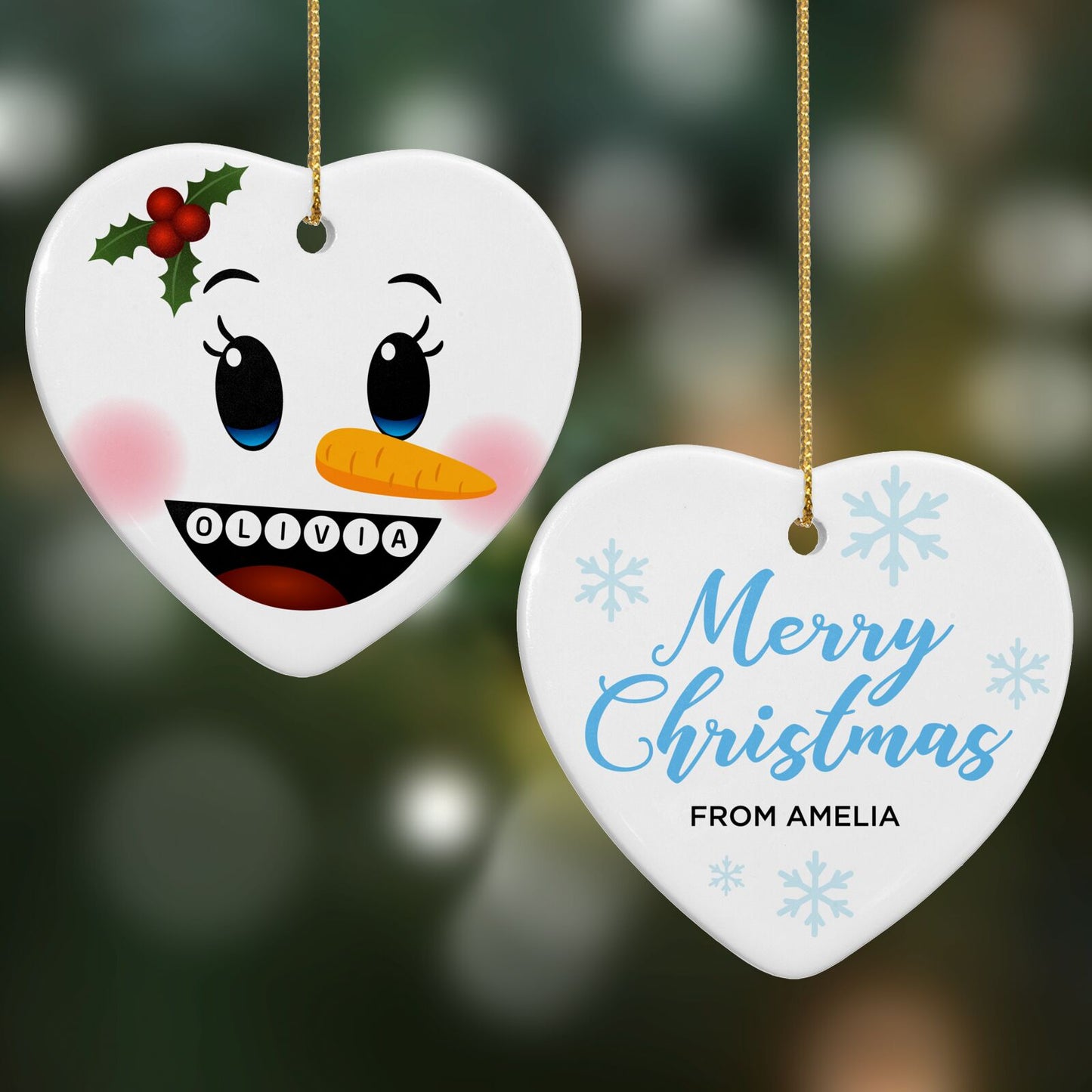 Personalised Snowman Face Heart Decoration on Christmas Background