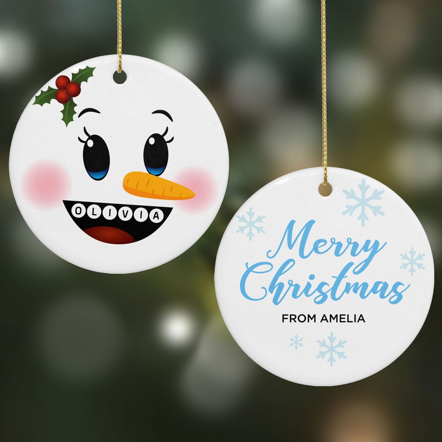 Personalised Snowman Face Round Decoration on Christmas Background