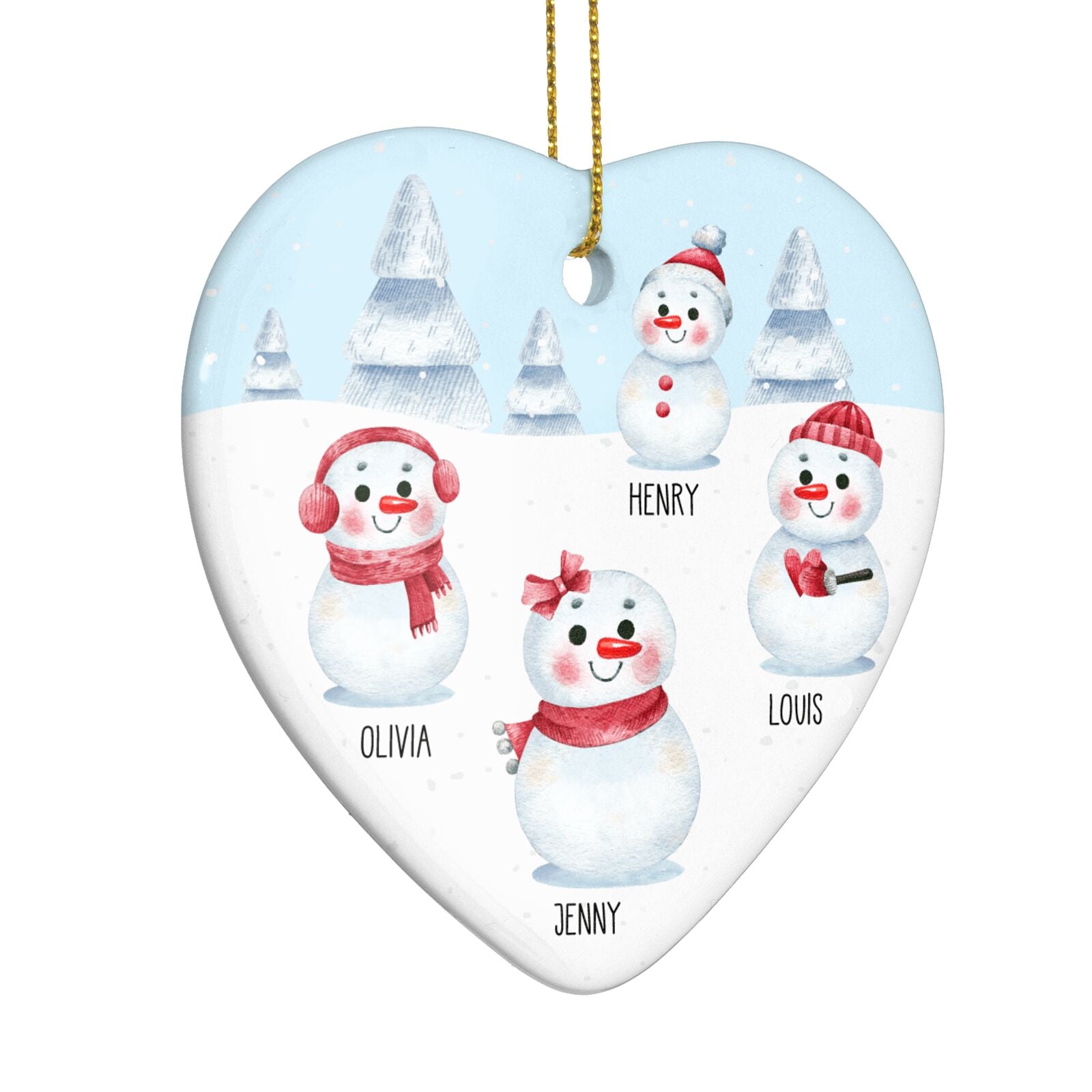 Personalised Snowman Family Heart Decoration Side Angle