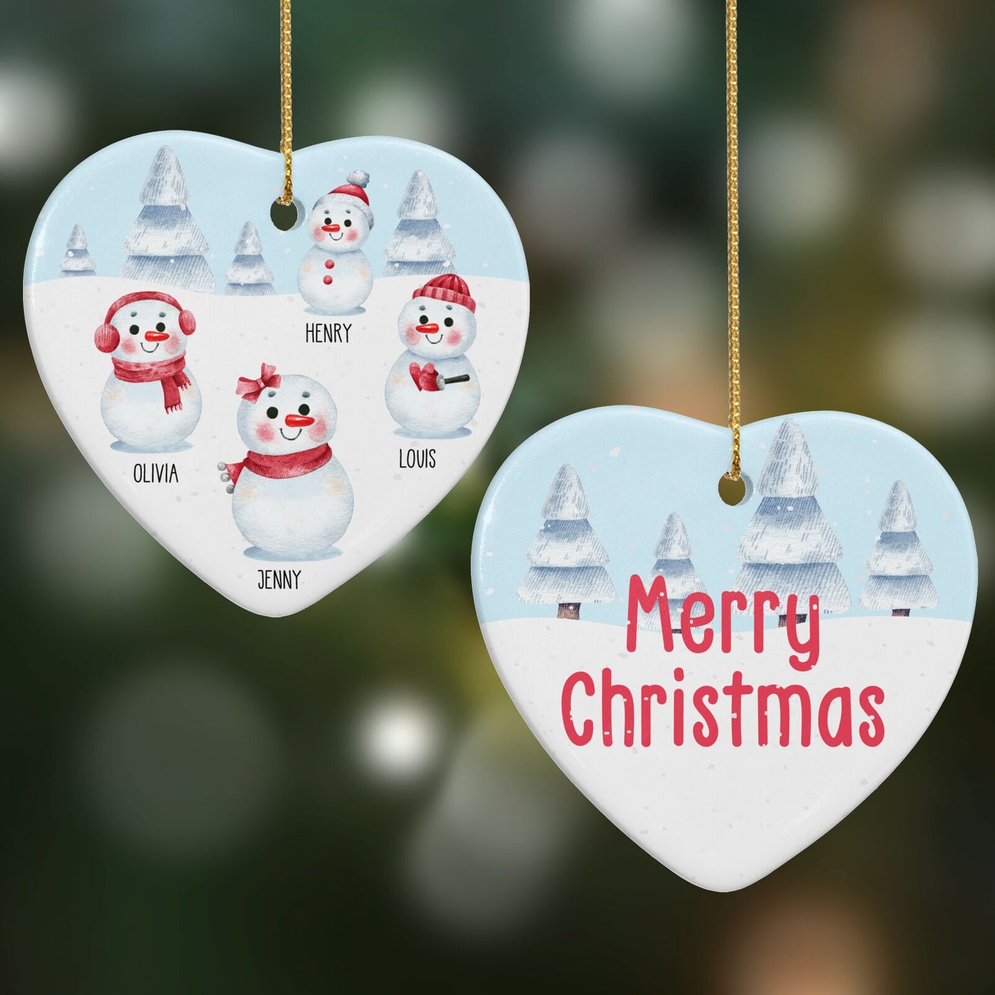 Personalised Snowman Family Heart Decoration on Christmas Background