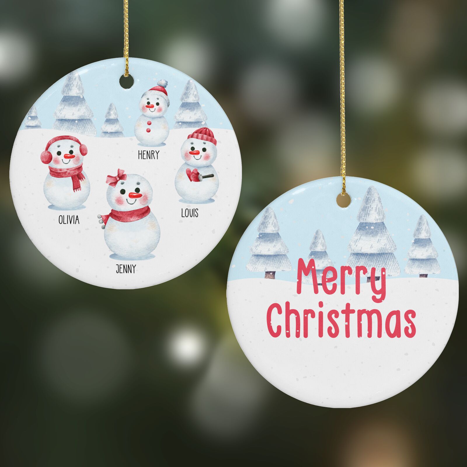 Personalised Snowman Family Round Decoration on Christmas Background