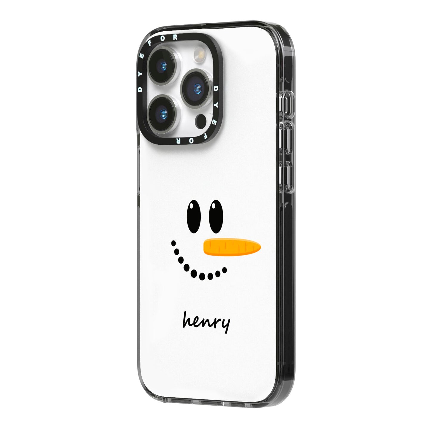 Personalised Snowman iPhone 14 Pro Black Impact Case Side Angle on Silver phone