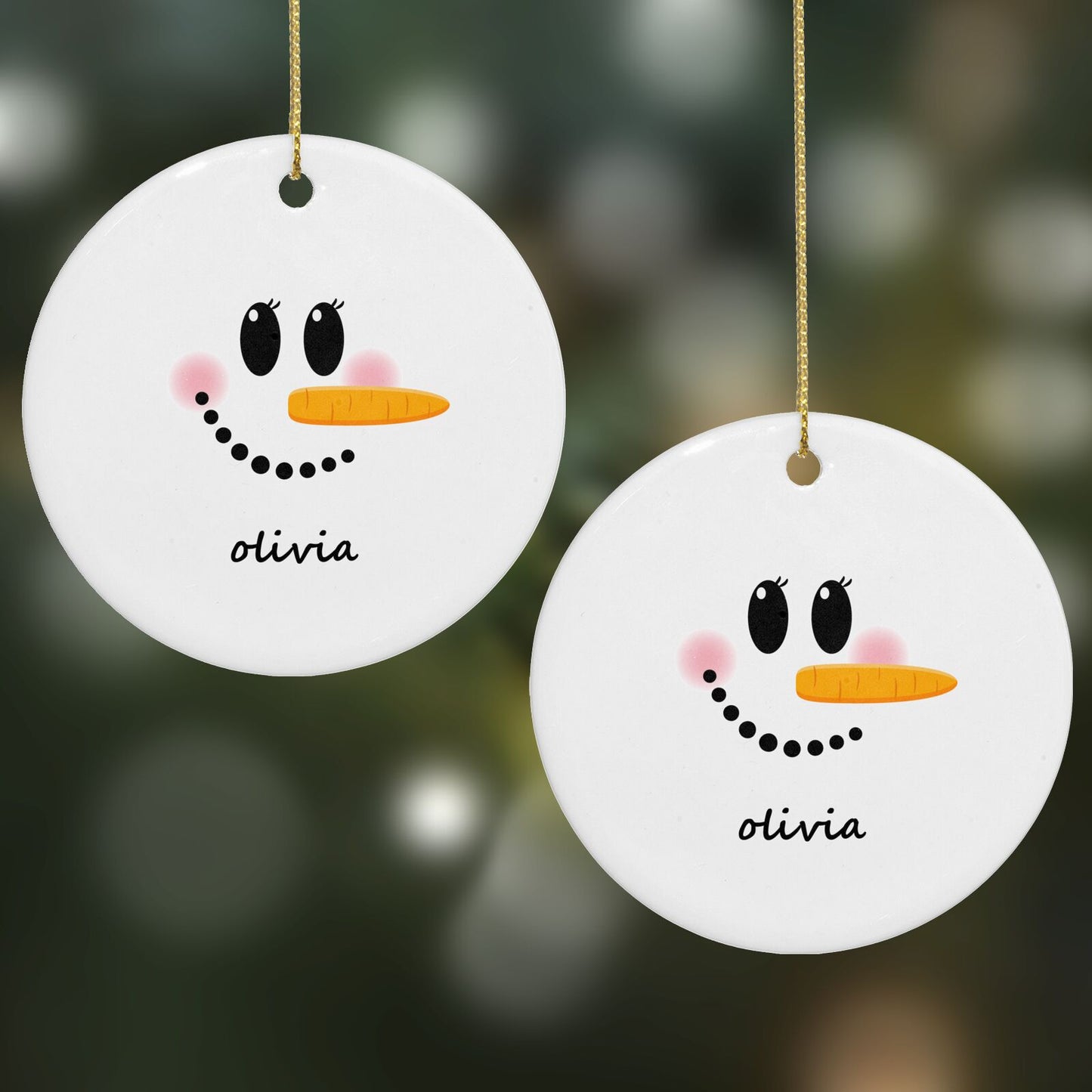 Personalised Snowwoman Round Decoration on Christmas Background