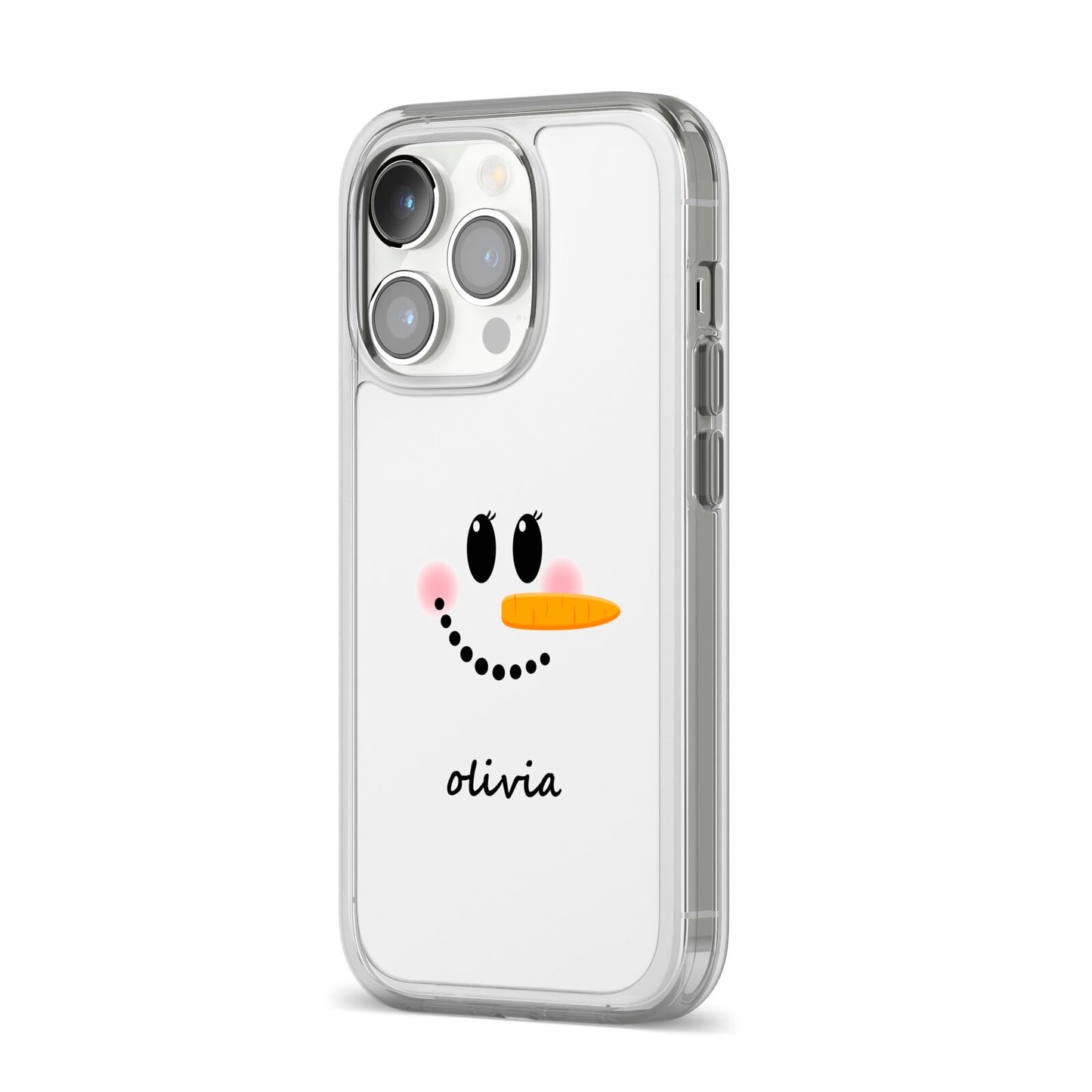 Personalised Snowwoman iPhone 14 Pro Clear Tough Case Silver Angled Image