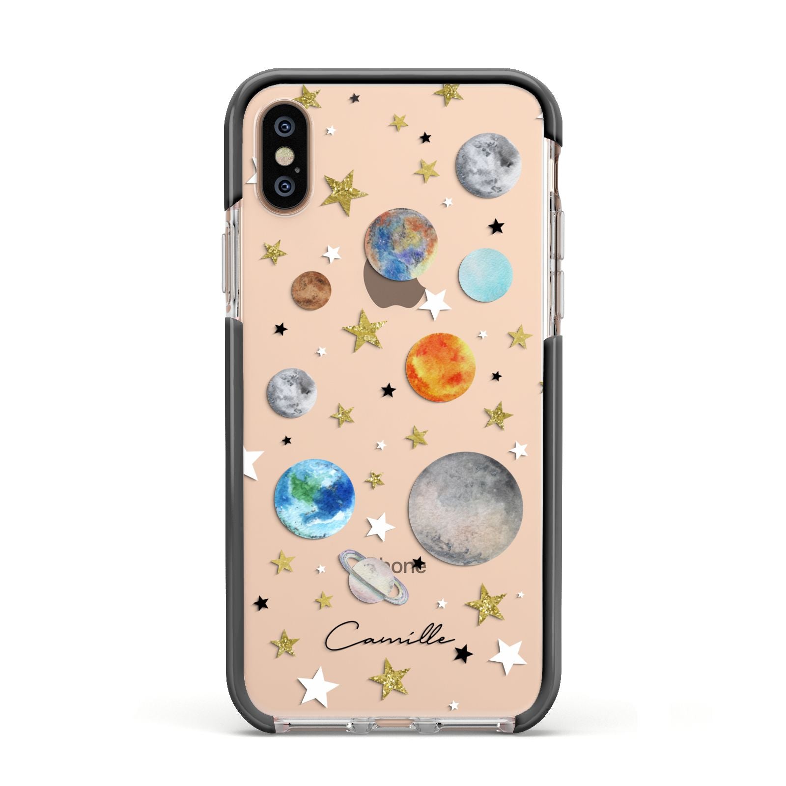 Personalised Solar System Apple iPhone Xs Impact Case Black Edge on Gold Phone
