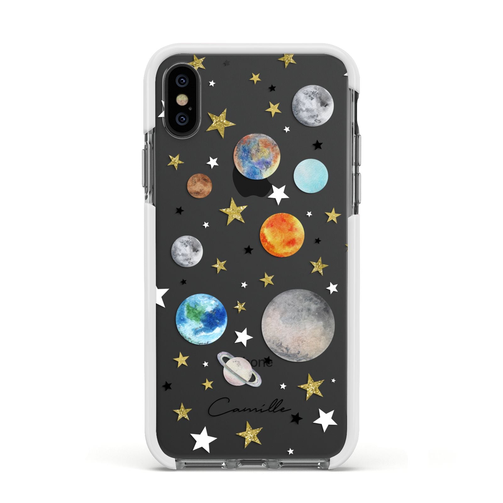 Personalised Solar System Apple iPhone Xs Impact Case White Edge on Black Phone