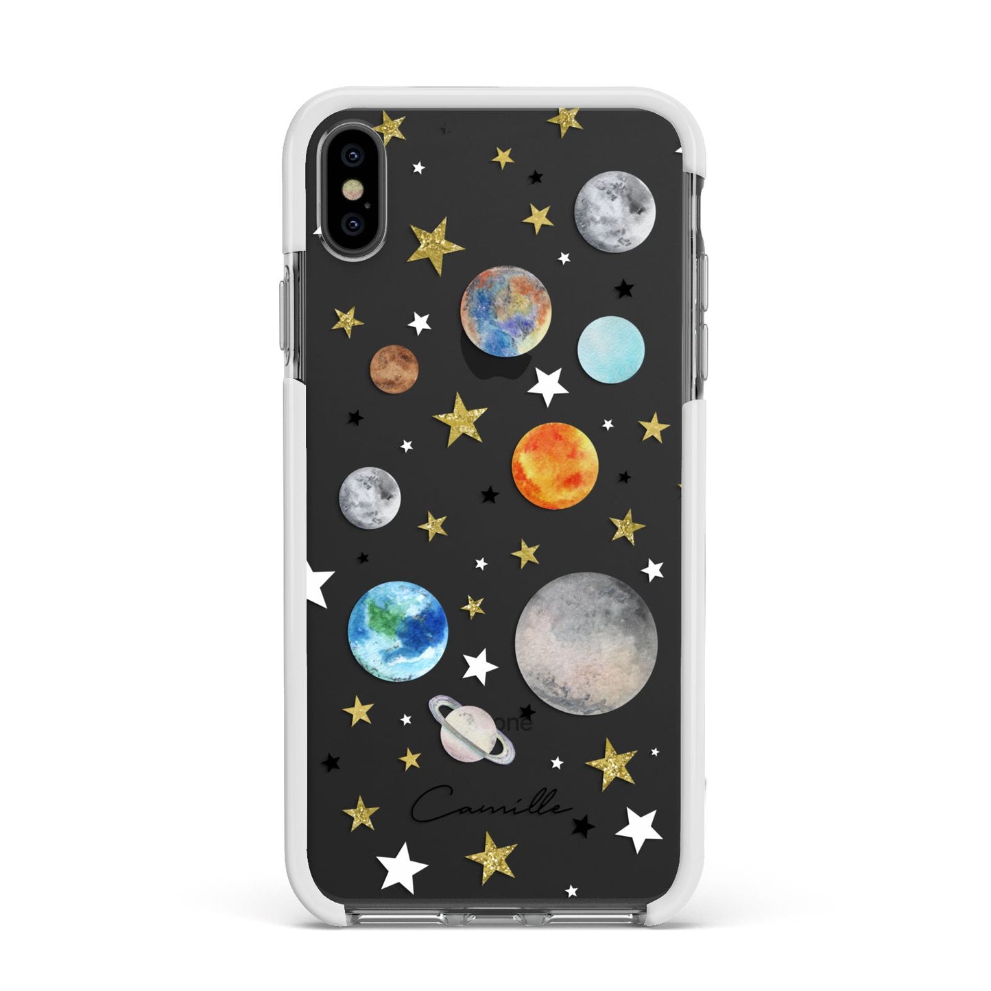 Personalised Solar System Apple iPhone Xs Max Impact Case White Edge on Black Phone